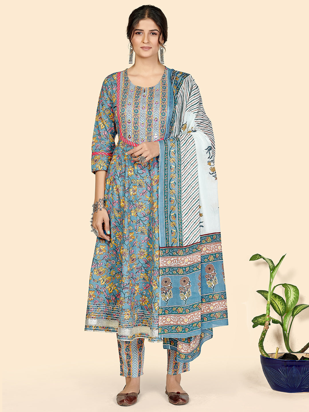 Women's Print & Embroidered Anarkali Cotton Blue Stitched Kurta Pant With Dupatta - Vbuyz