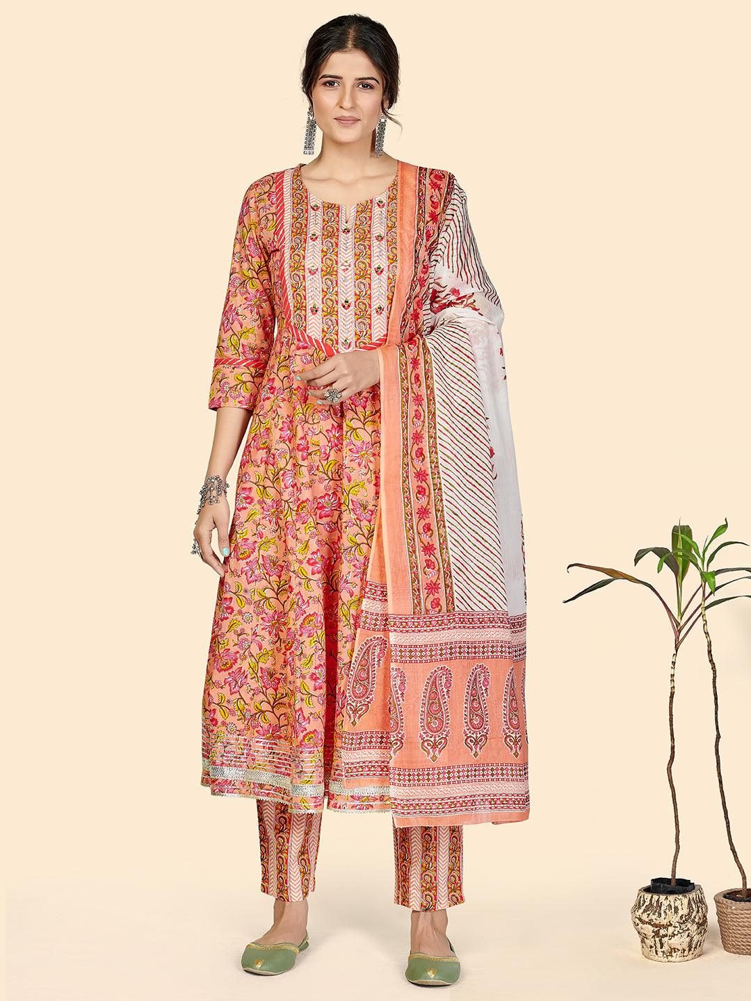 Women's Print & Embroidered Anarkali Cotton Peach Stitched Kurta Pant With Dupatta - Vbuyz