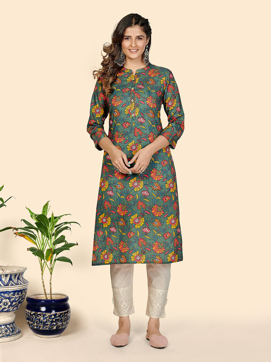 Women's Floral Print Straight Cotton Olive Green Stitched Kurta - Vbuyz