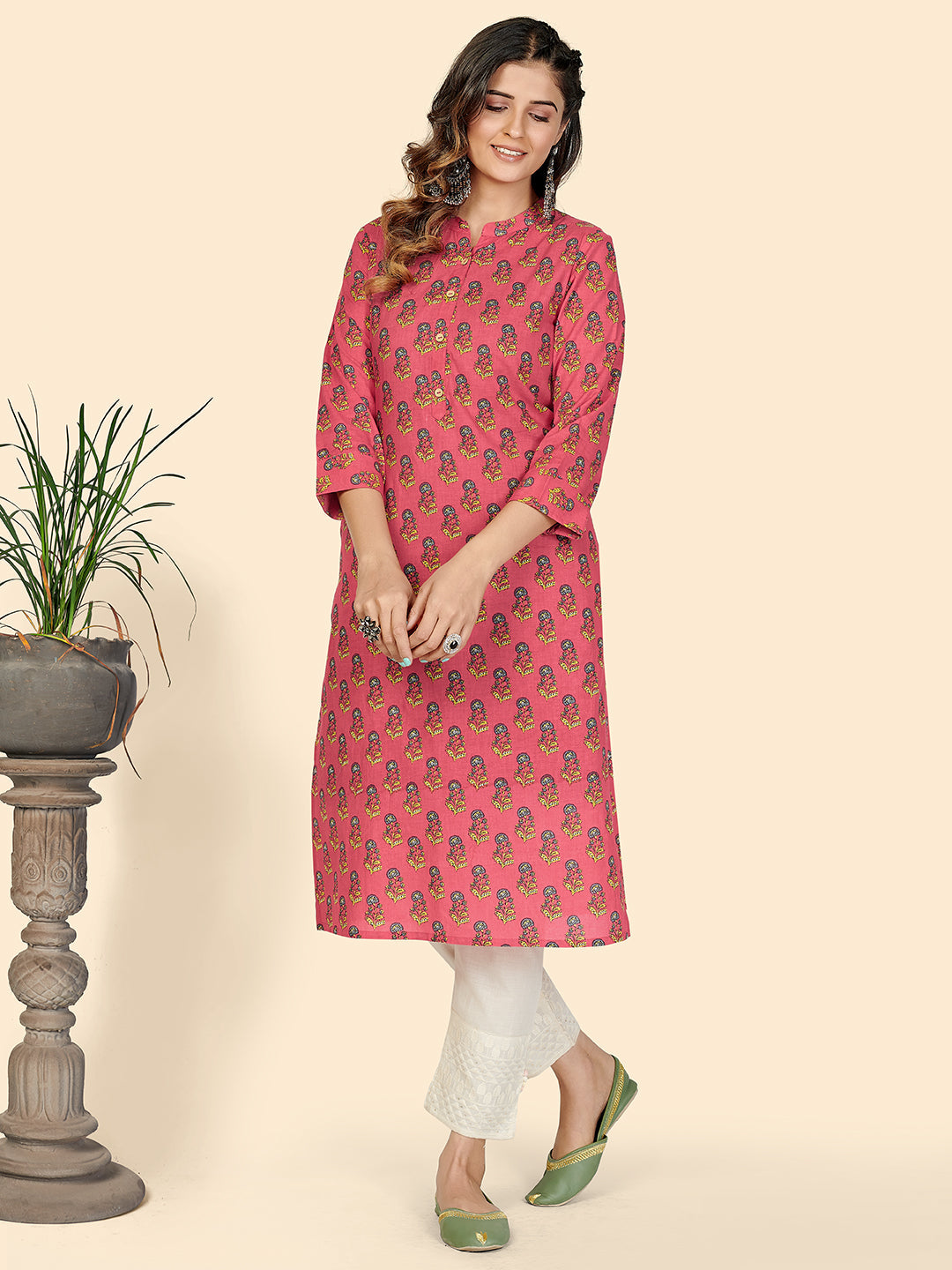 Women's Floral Print Straight Cotton Pink Stitched Kurta - Vbuyz