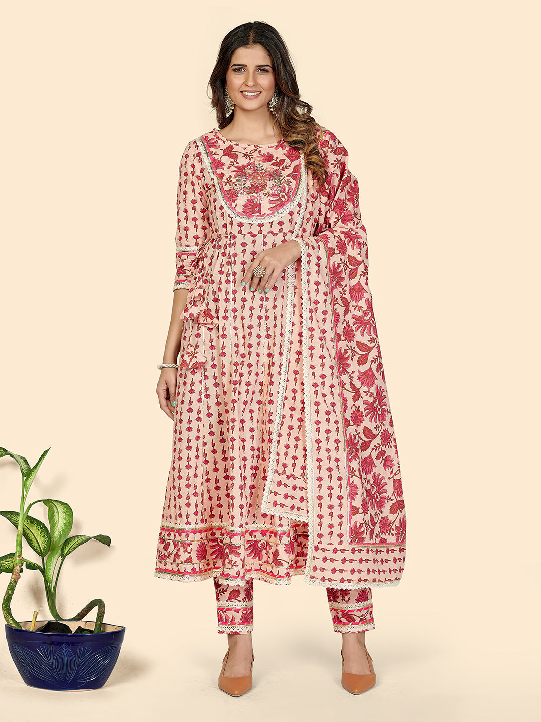 Women's Printed Peach Anakali Kurta With Pants & Dupatta By Vbuyz (3 Pc Set)