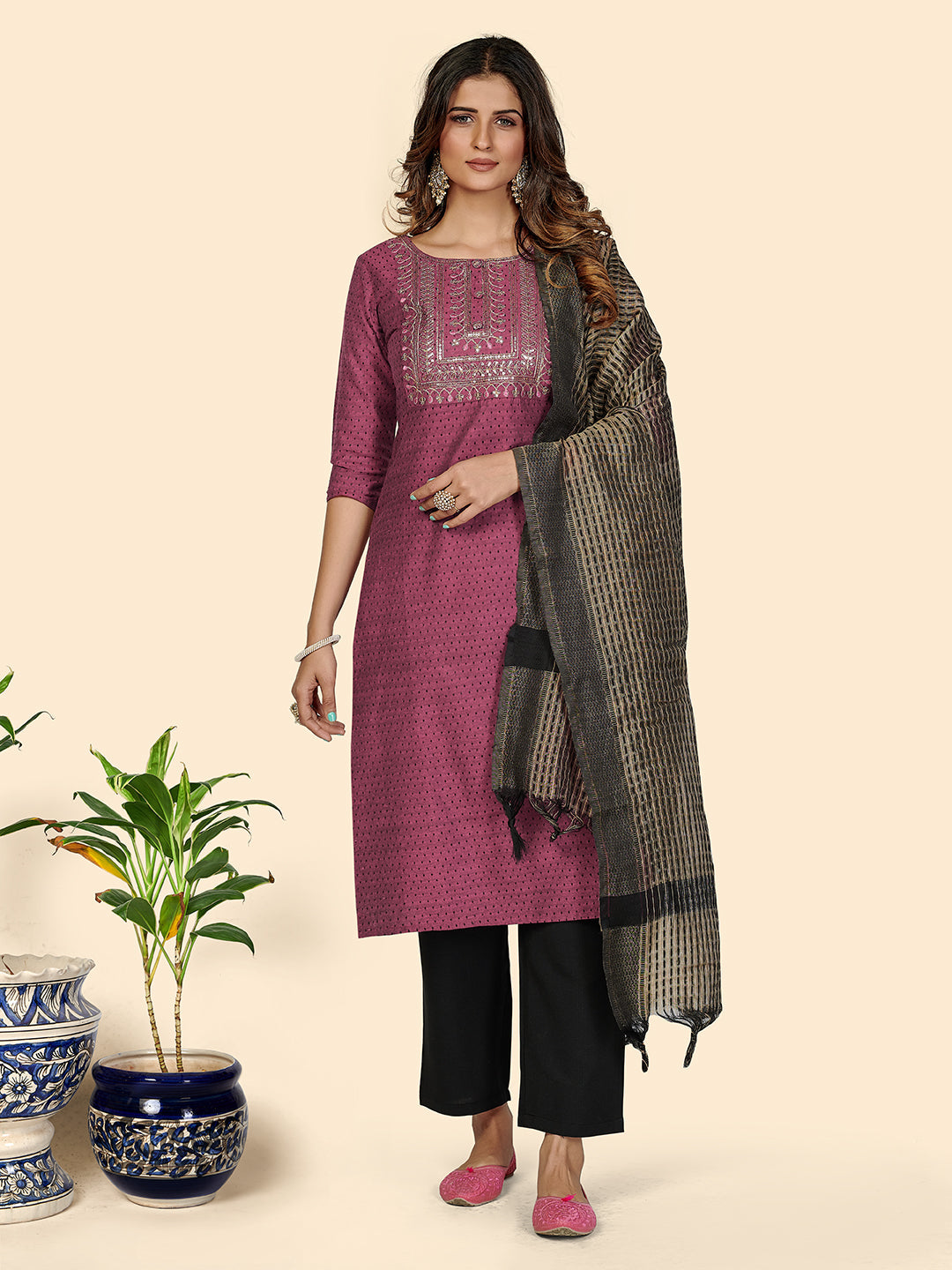 Women's Purple Cotton Kurta With Pants & Dupatta By Vbuyz (3 Pc Set)