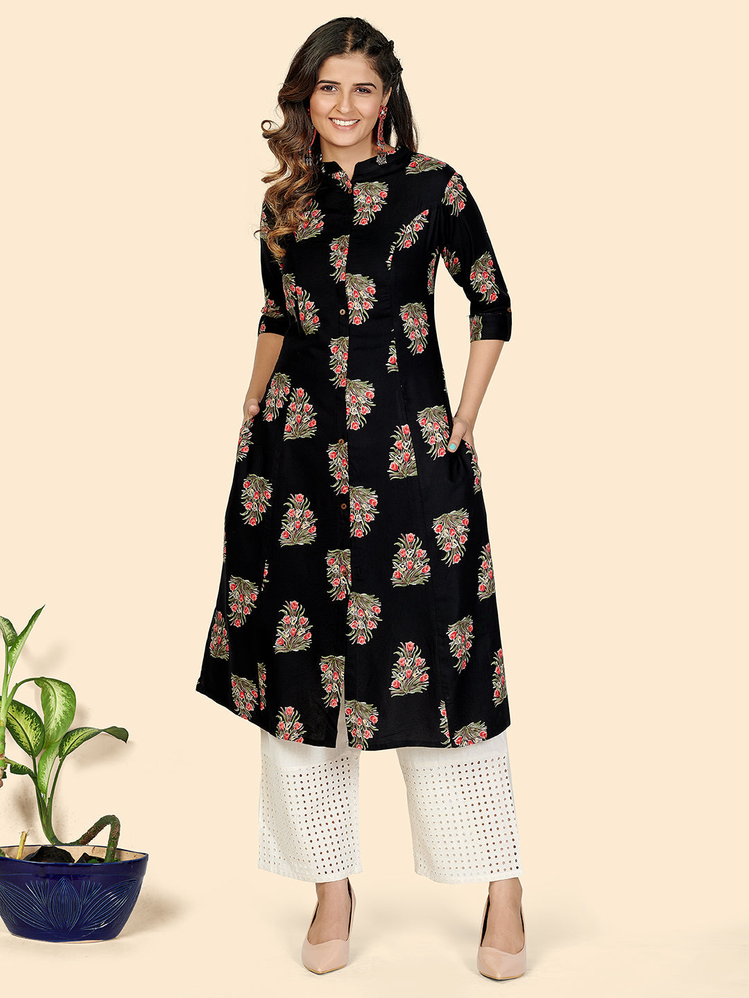 Women's Floral Print A-Line Rayon Black Stitched Kurta - Vbuyz