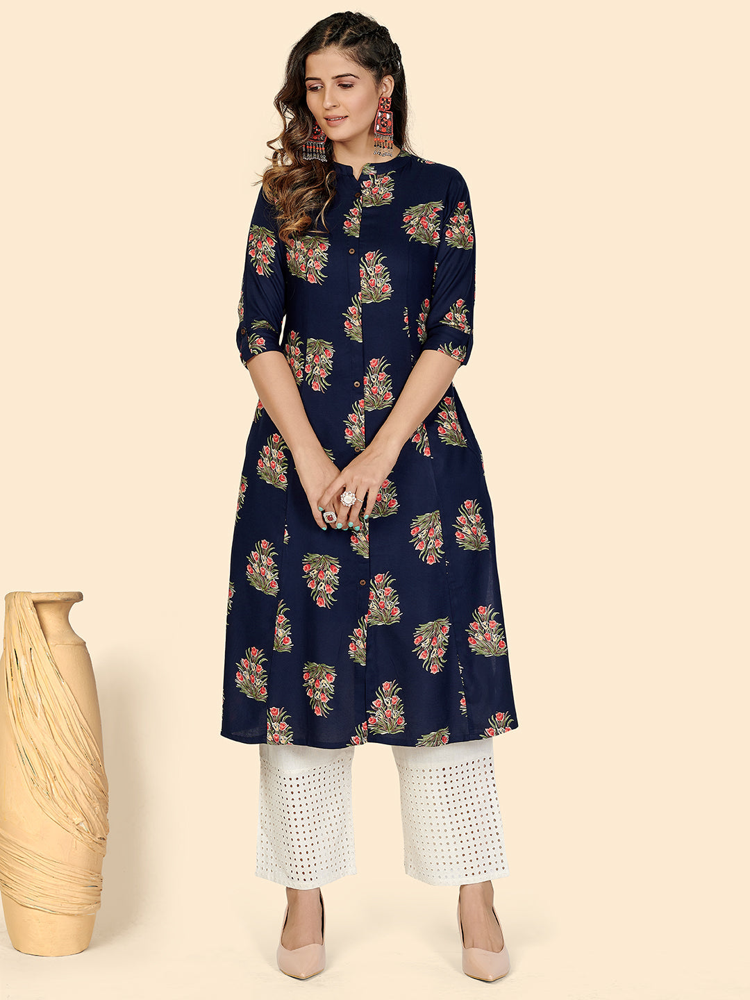 Women's Floral Print A-Line Rayon Blue Stitched Kurta - Vbuyz