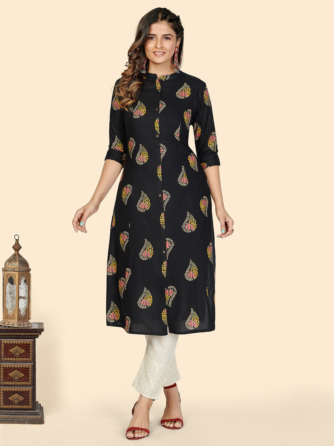 Women's Block Print A-Line Rayon Black Stitched Kurta - Vbuyz