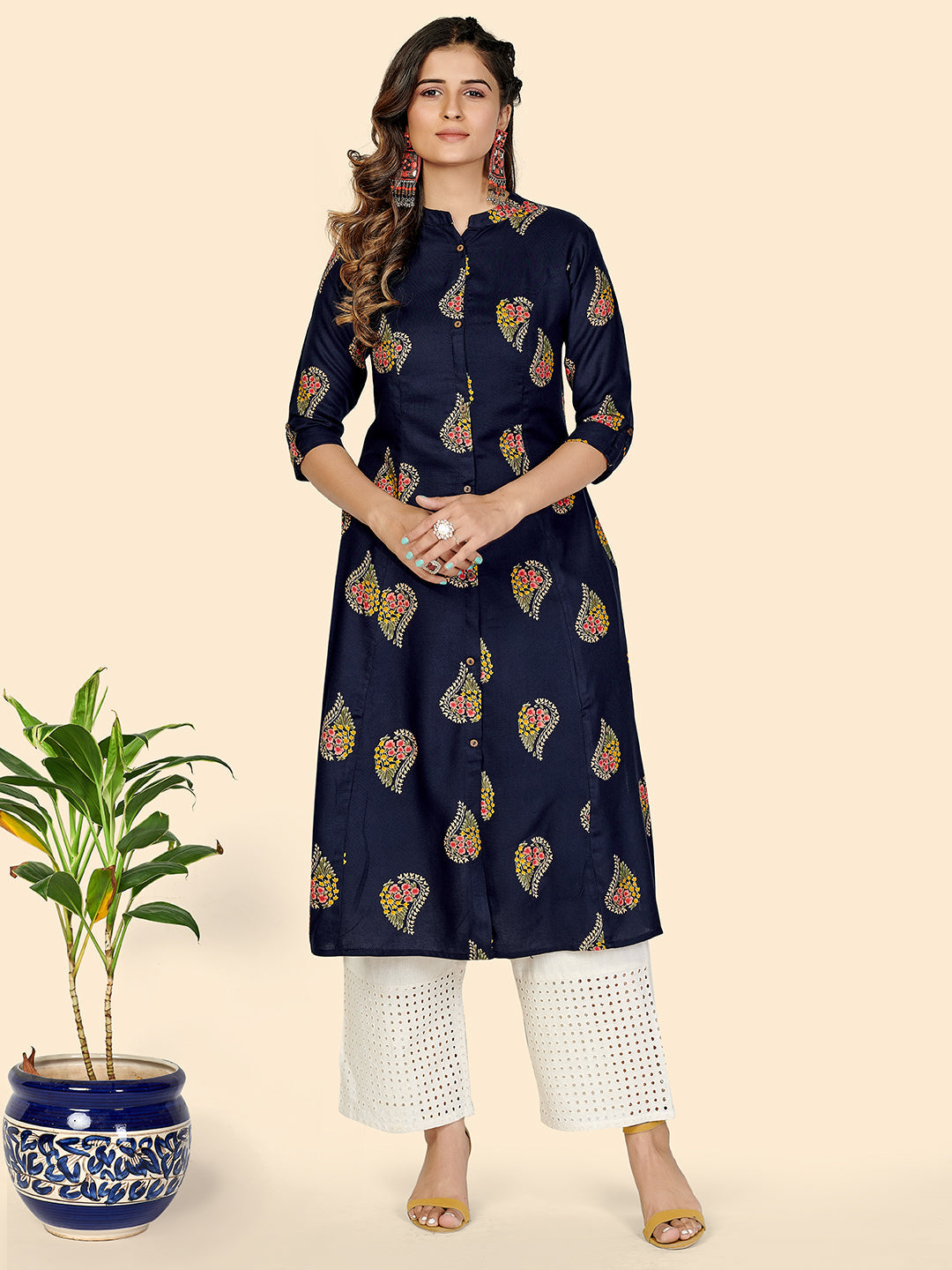 Women's Block Print A-Line Rayon Blue Stitched Kurta - Vbuyz