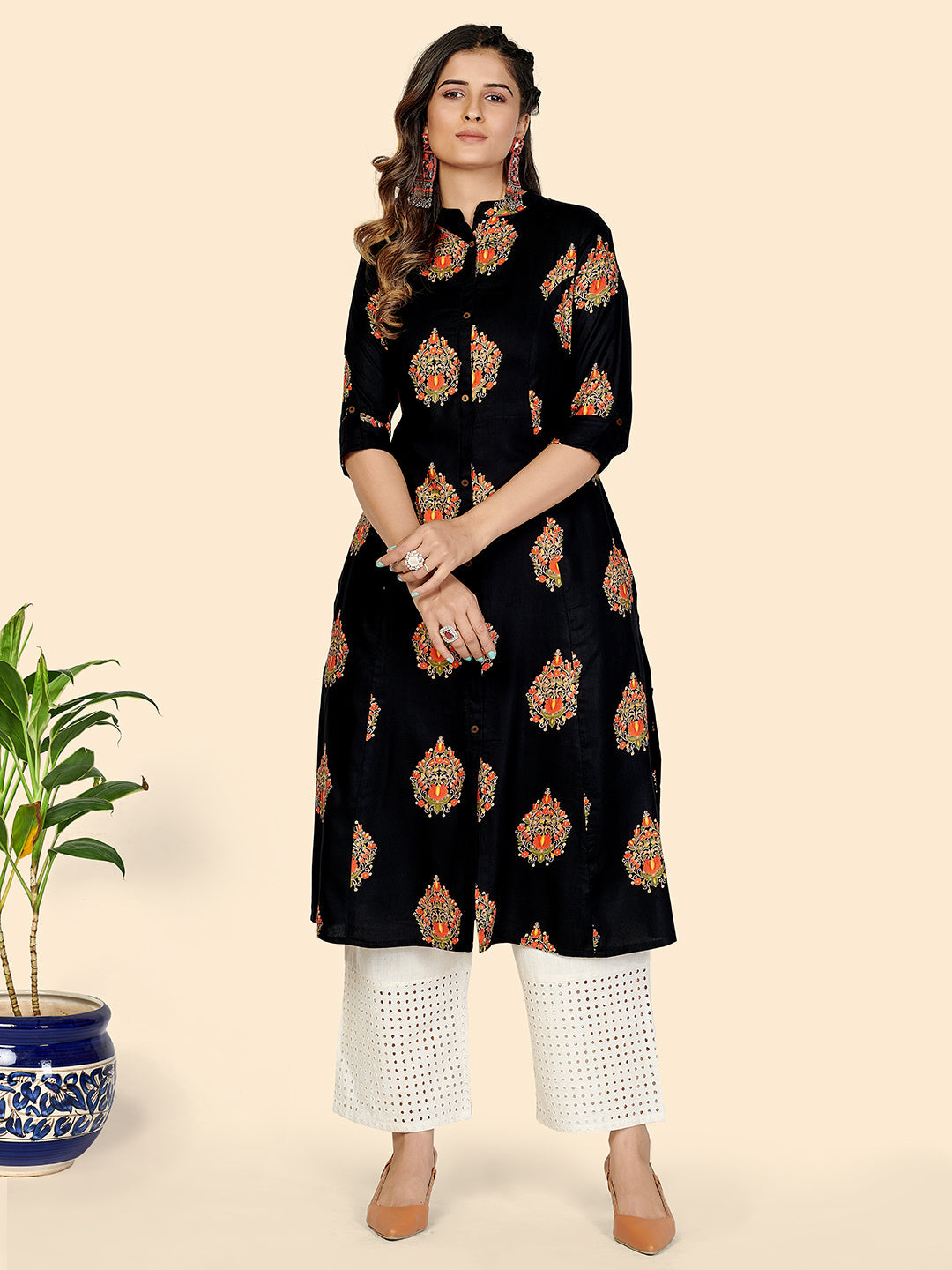 Women's Black Printed A-Line Kurta By Vbuyz (1 Pc Set)