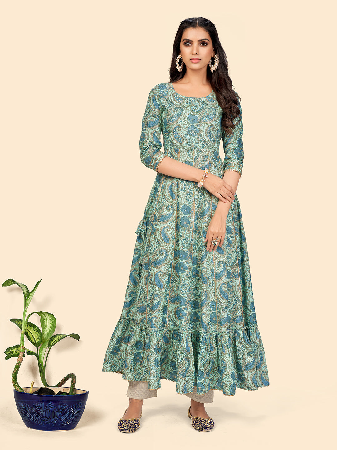 Women's Print & Sequience Anarkali Cotton Turquoise Stitched Kurta - Vbuyz