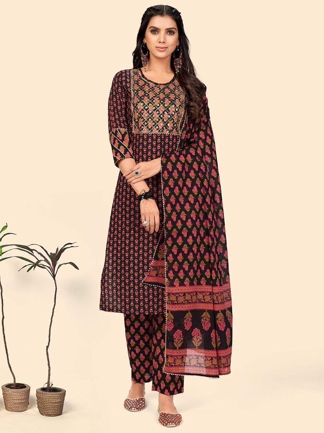 Women's Print & Sequience Straight Cotton Black Stitched Kurta Pant With Dupatta - Vbuyz