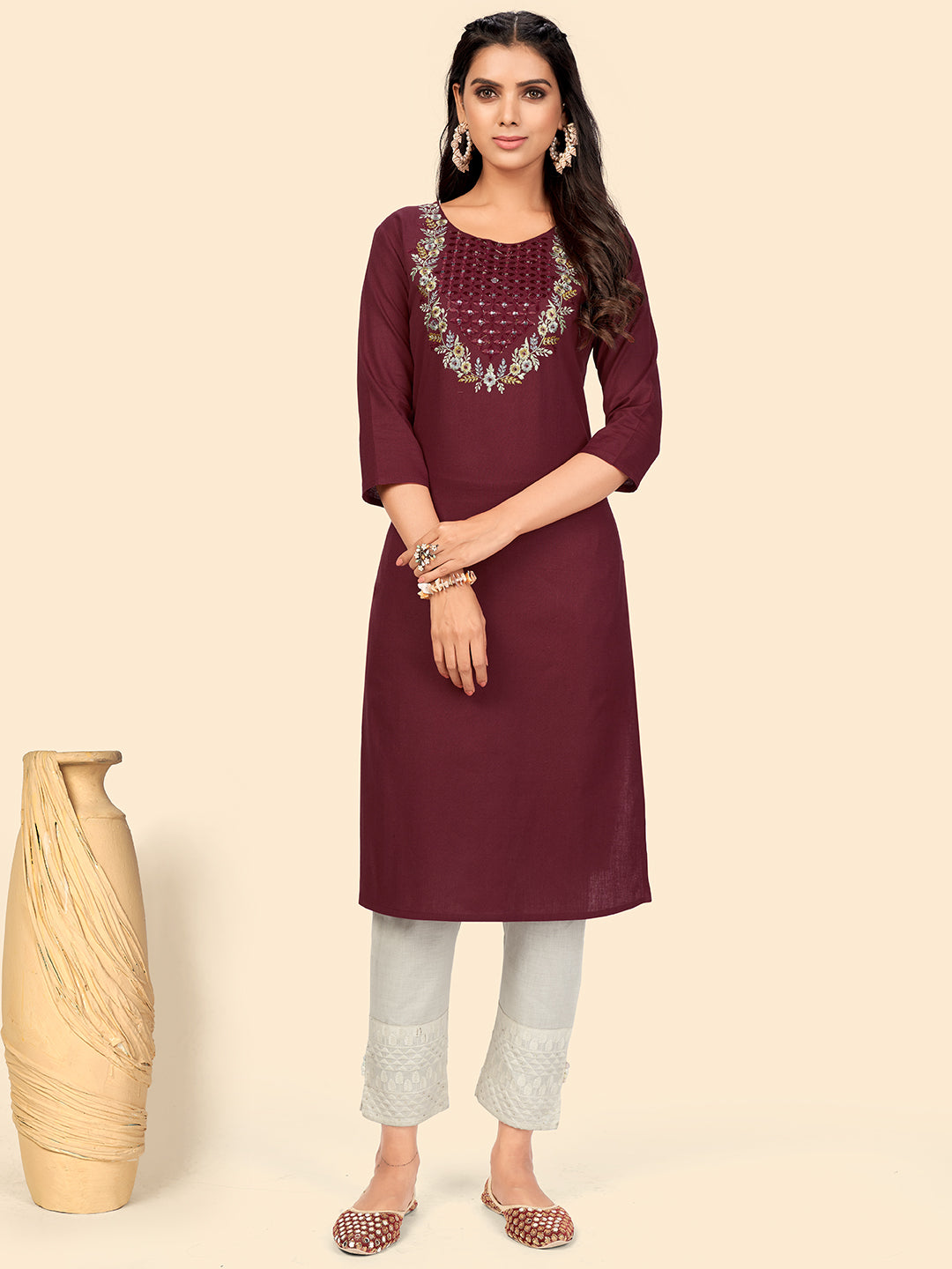 Women's Embroidered Maroon Kurta By Vbuyz- (1Pc Set)