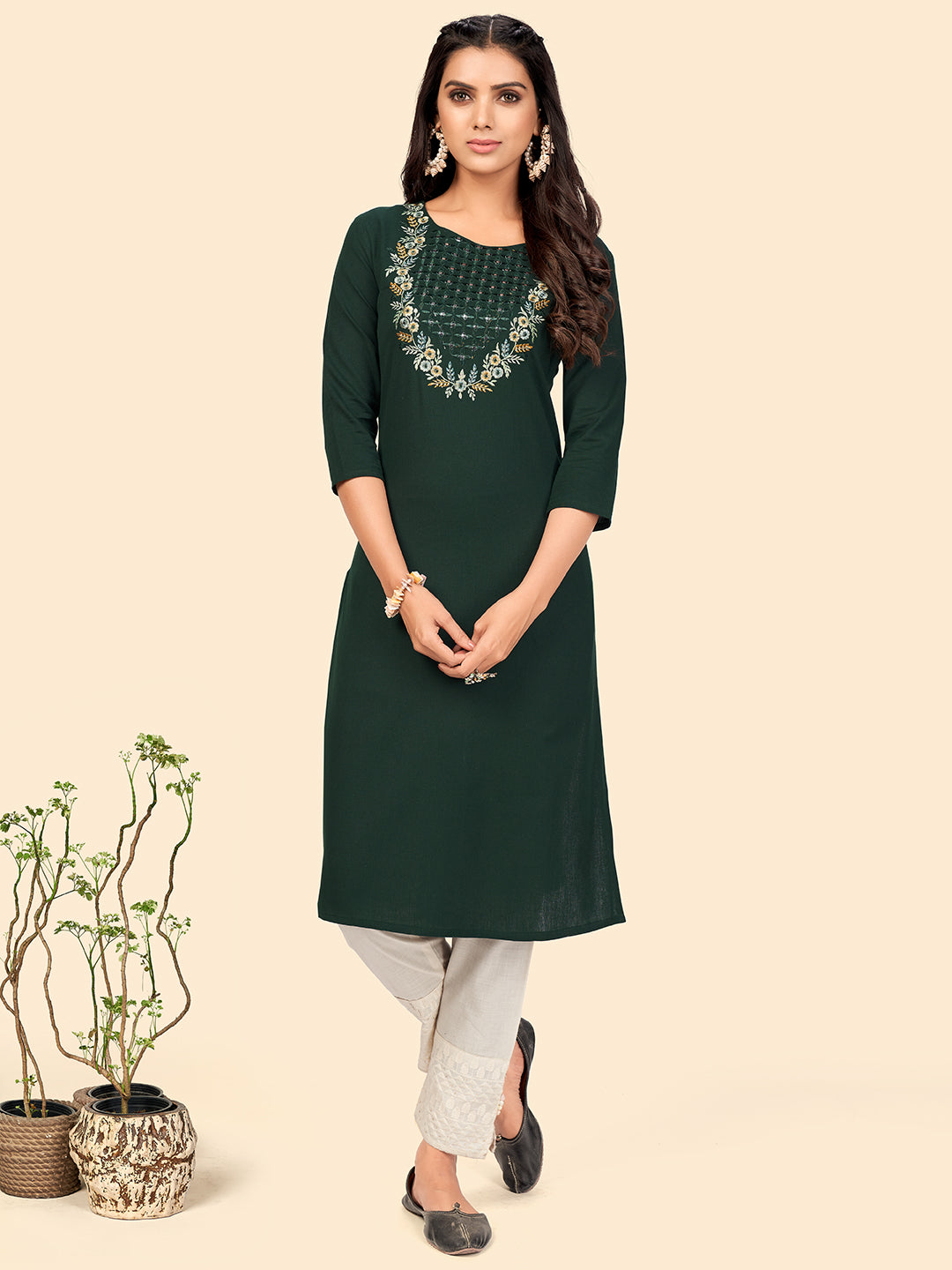 Women's Embroidered Cotton Green Kurta By Vbuyz (1 Pc Set)