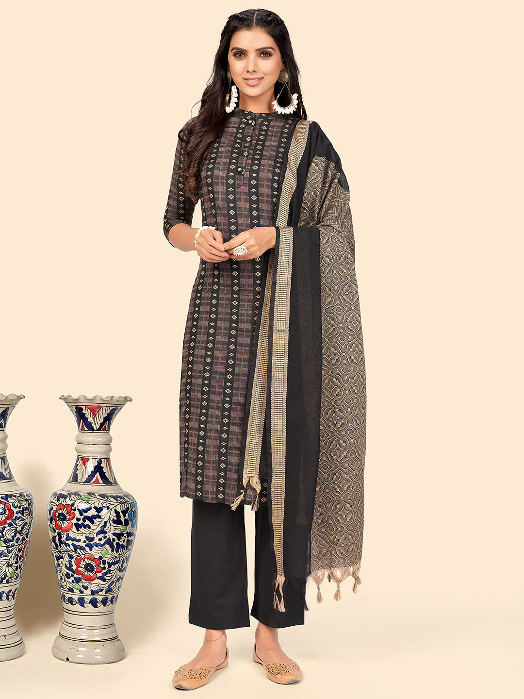 Women's Black Kurta & Pant With Dupatta Set By Vbuyz- (3Pcs Set)