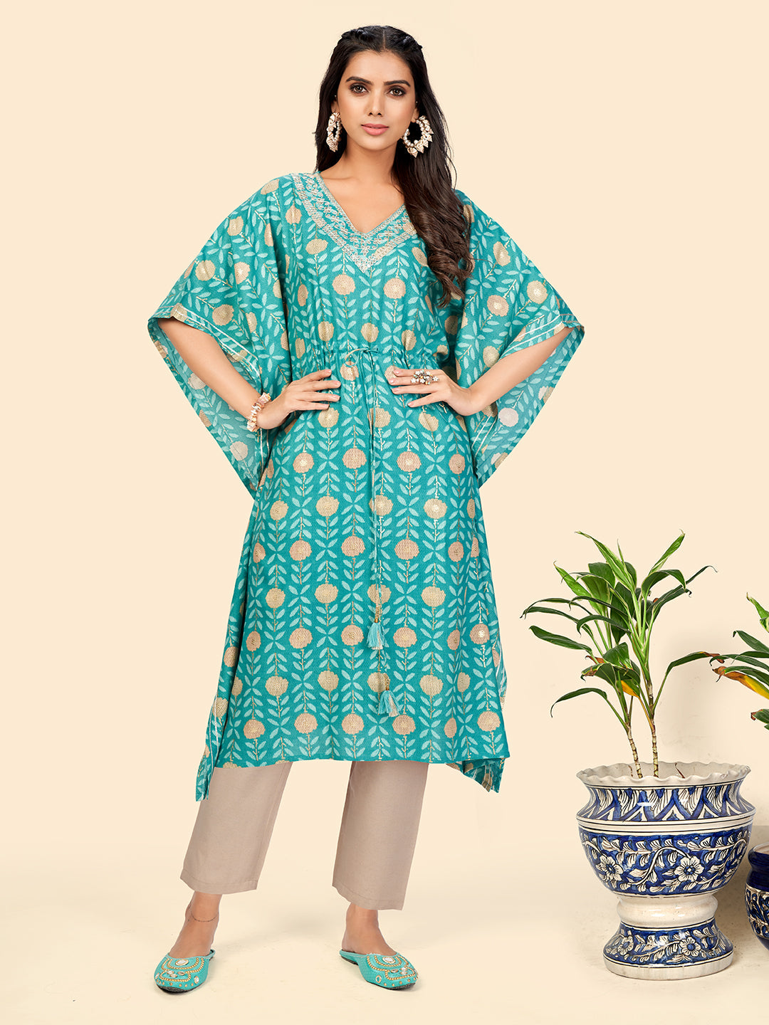 Women's Printed Turquoise Blue Kaftan With Pants By Vbuyz (2 Pc Set)