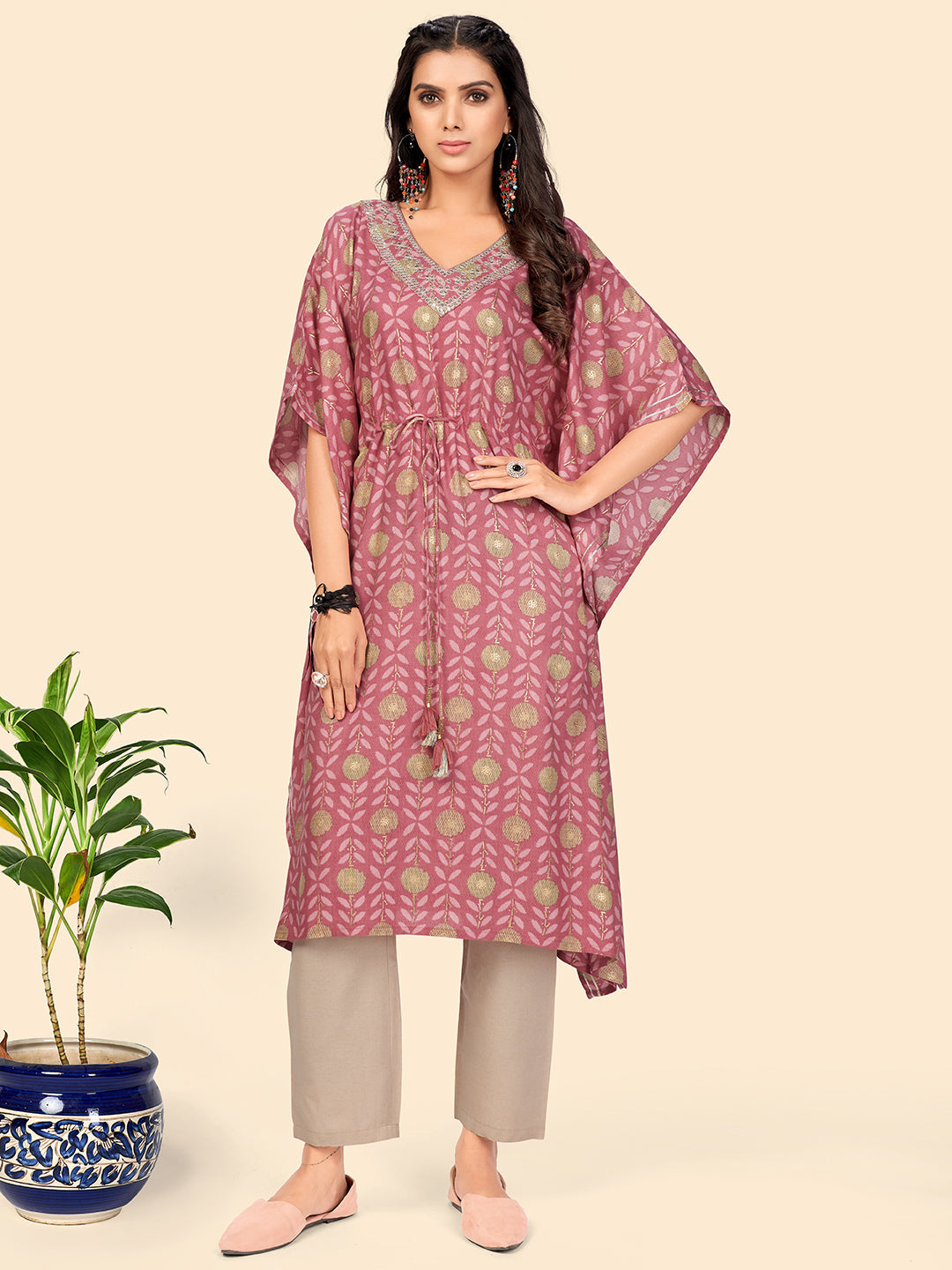 Women's Print & Sequience  Muslin Pink Stitched Kaftan Kurta With Pant Set - Vbuyz