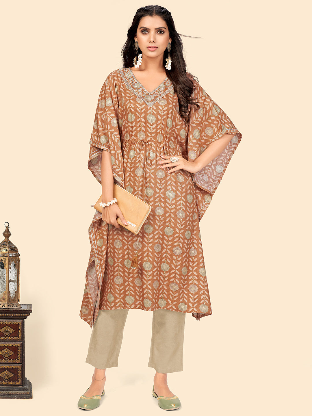 Women's Brown Kaftan Top With Pant Set By Vbuyz- (2Pcs Set)