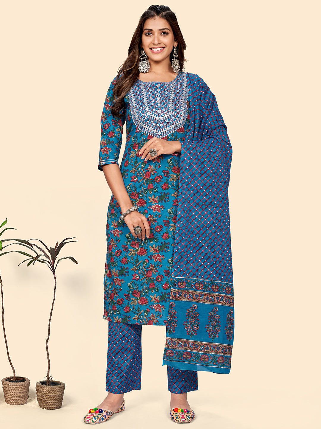 Women's Print & Gota Patti Straight Cotton Blue Stitched Kurta Pant With Dupatta - Vbuyz