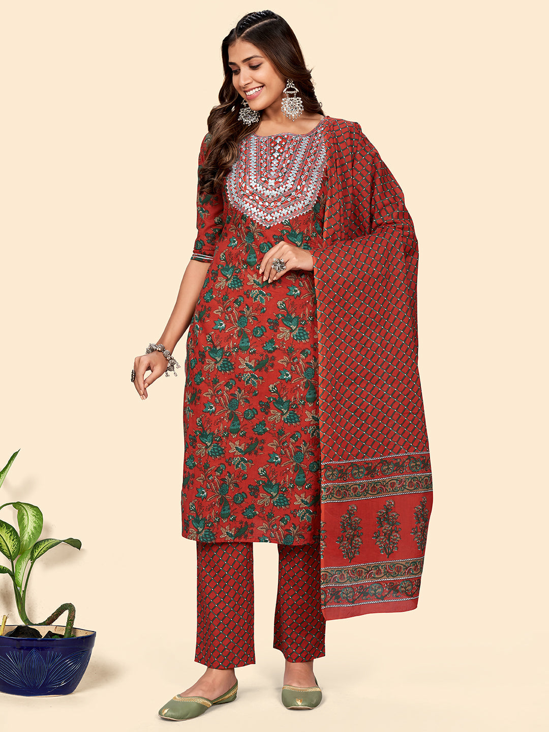 Women's Print & Gota Patti Straight Cotton Red Stitched Kurta Pant With Dupatta - Vbuyz