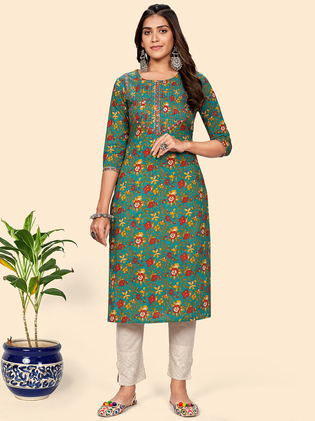 Women's Print & Mirror Work Straight Cotton Auqa Stitched Kurta - Vbuyz