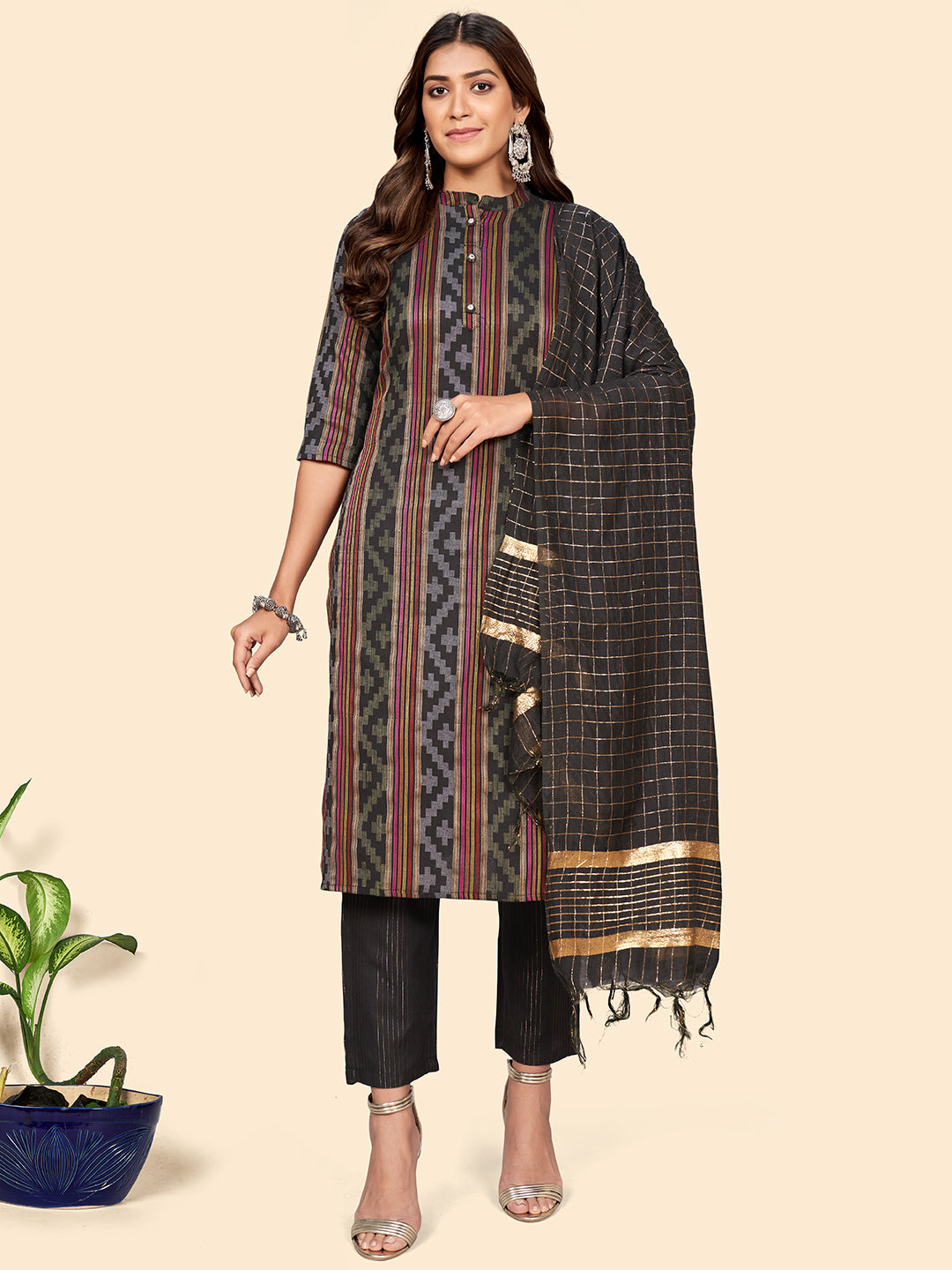 Women's Print & Striped Straight Cotton Black Stitched Kurta Pant With Dupatta - Vbuyz