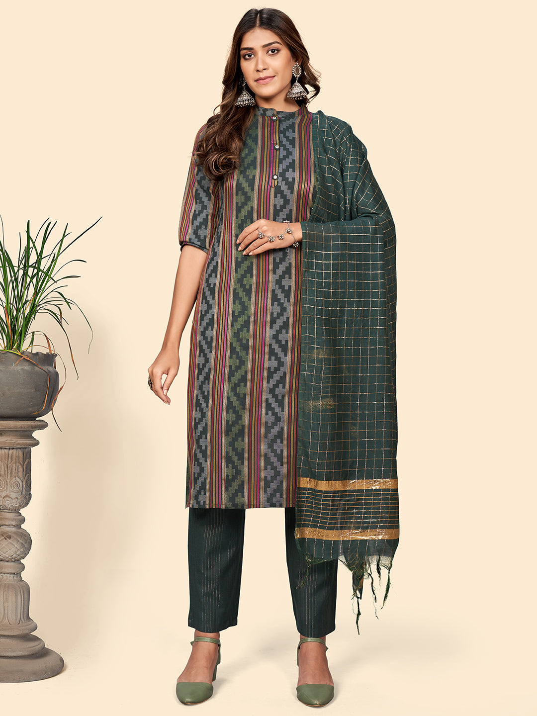 Women's Print & Striped Straight Cotton Green Stitched Kurta Pant With Dupatta - Vbuyz