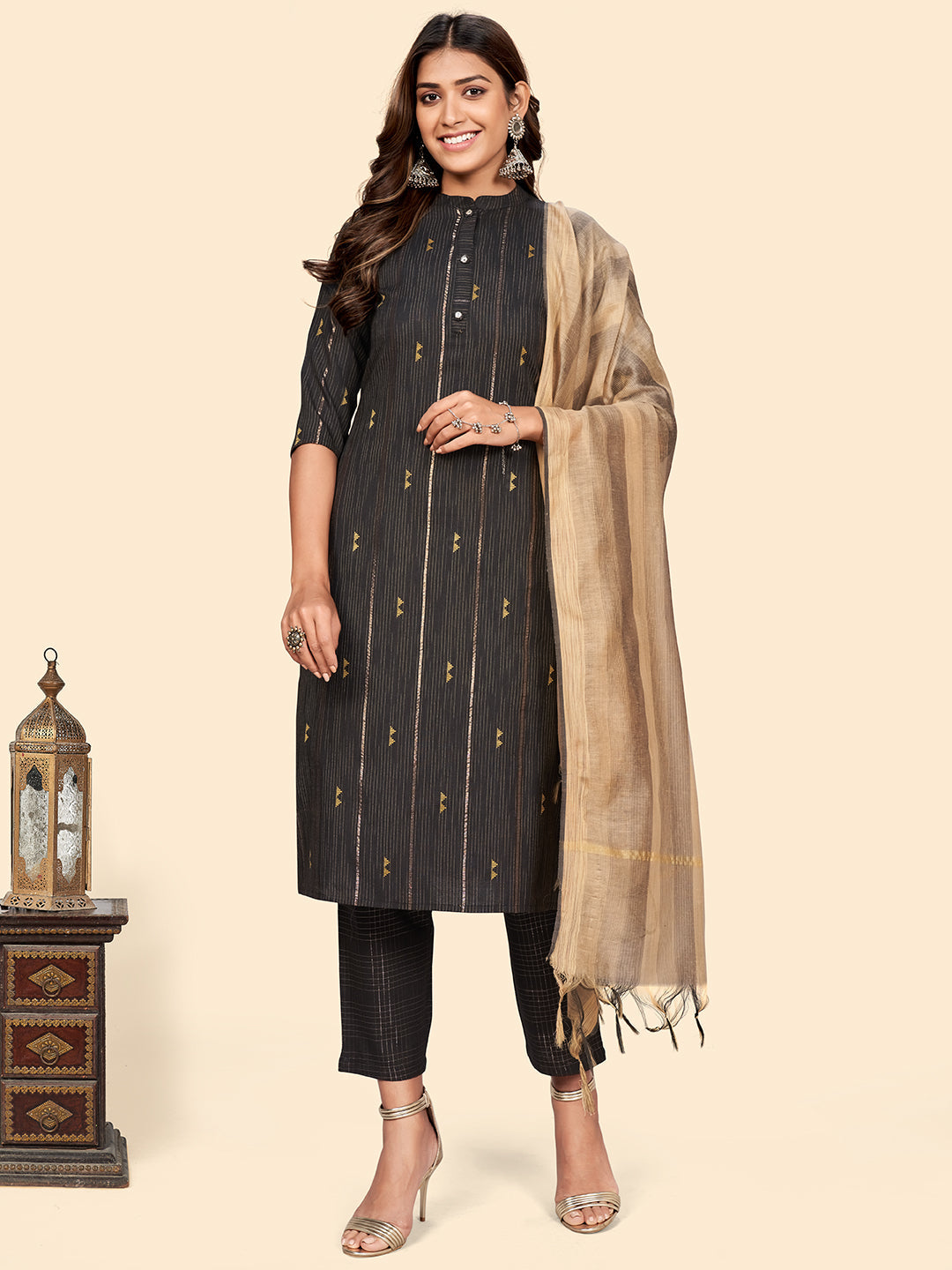 Women's Print & Striped Straight Cotton Brown Stitched Kurta Pant With Dupatta - Vbuyz