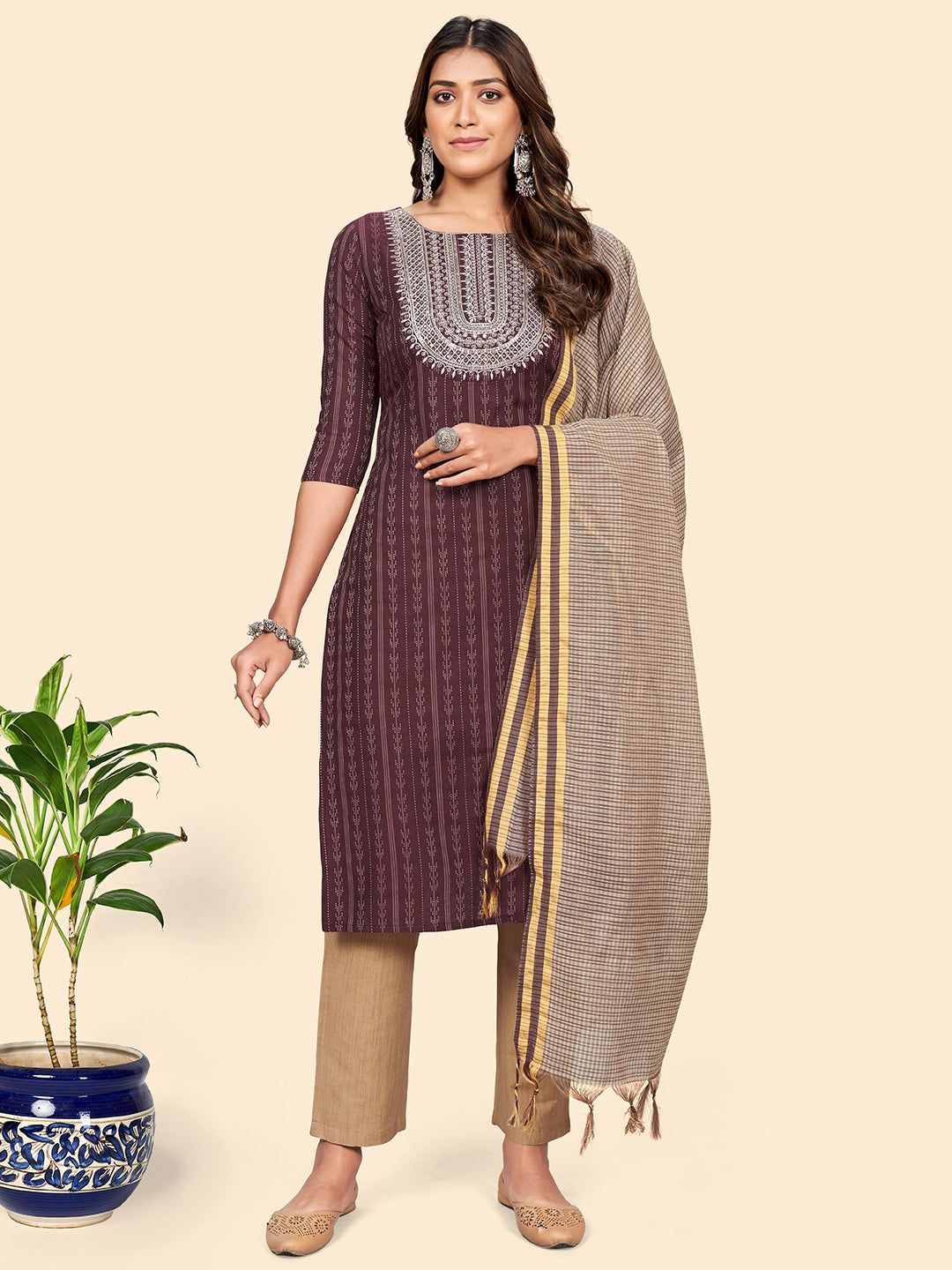 Women's Embroidered & Sequience Straight Cotton Purple Stitched Kurta Pant With Dupatta - Vbuyz