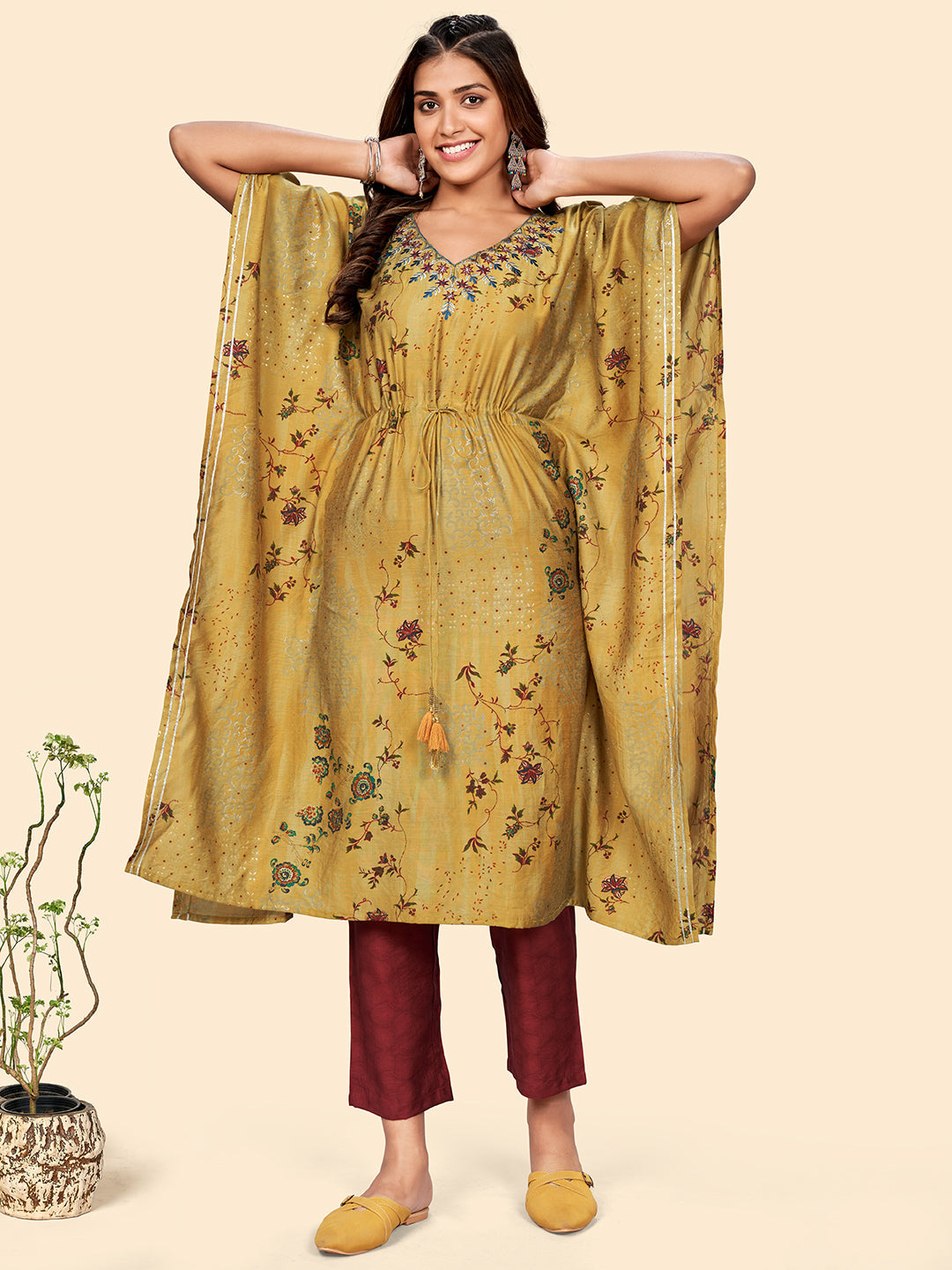 Women's Print & Embroidered  Muslin Mustard Yellow Stitched Kaftan Kurta With Pant Set - Vbuyz