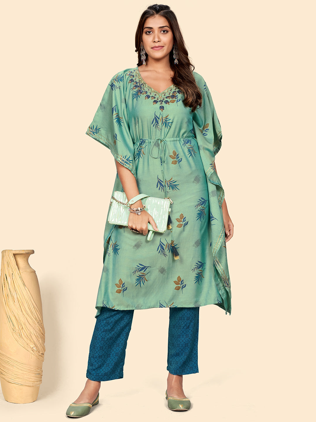 Women's Embroidered & Mirror  Muslin See Green Stitched Kaftan Kurta With Pant Set - Vbuyz