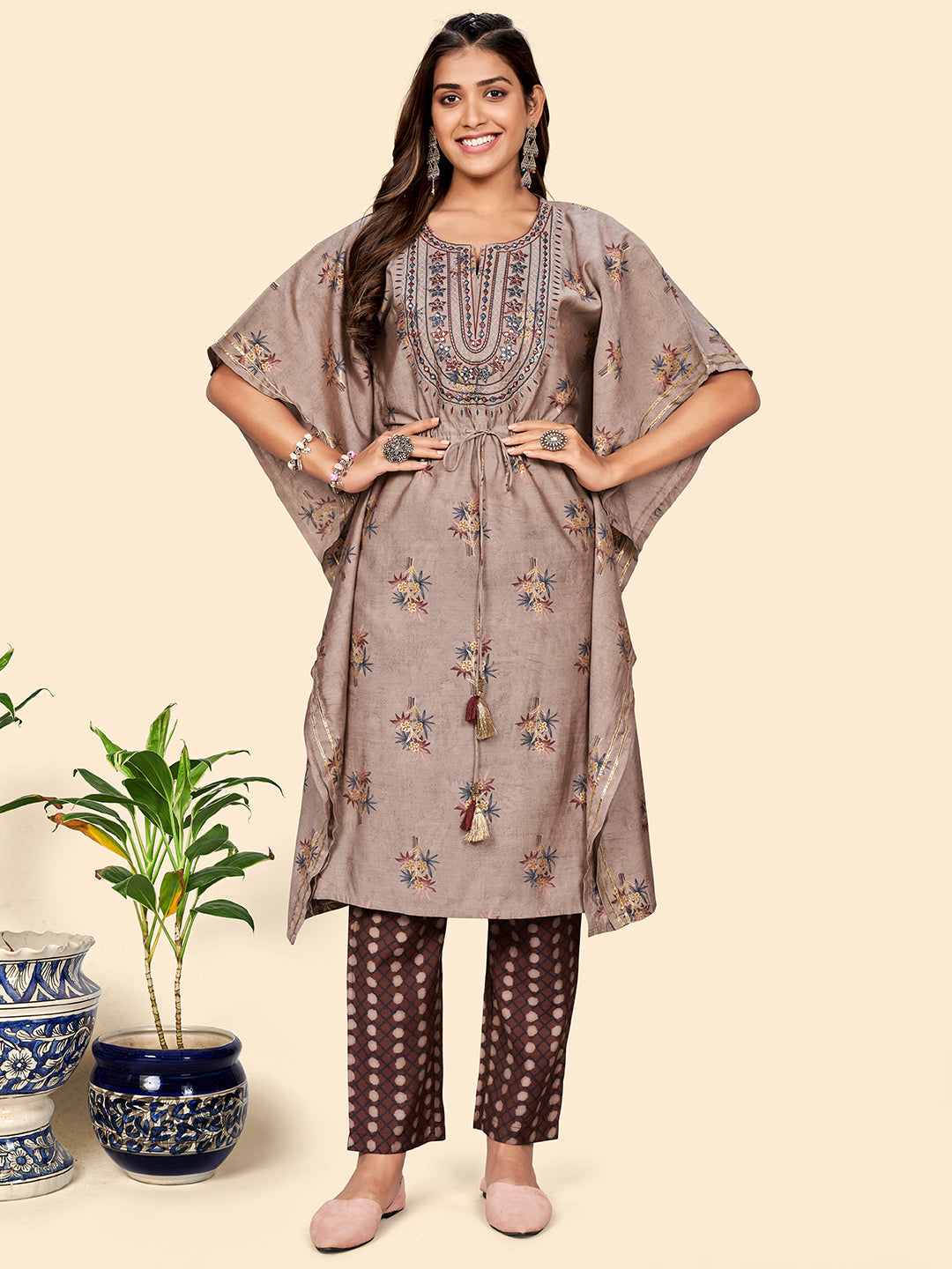 Women's Embroidered & Mirror  Muslin Light Brown Stitched Kaftan Kurta With Pant Set - Vbuyz