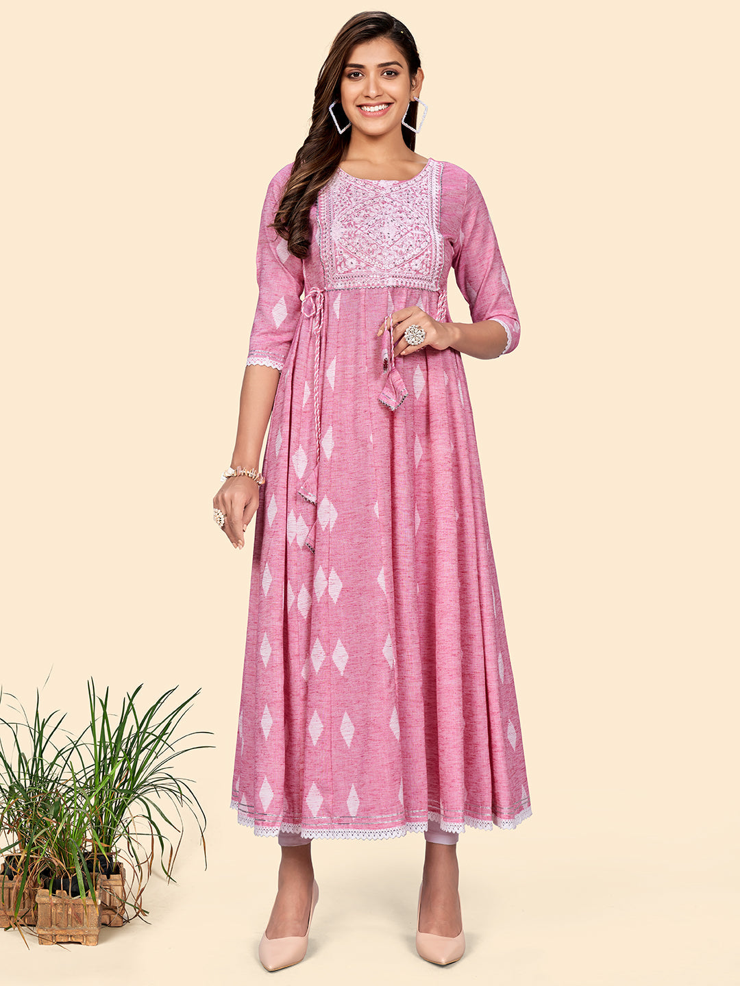 Women's Embroidered Anarkali Cotton Blend Pink Stitched Dress - Vbuyz