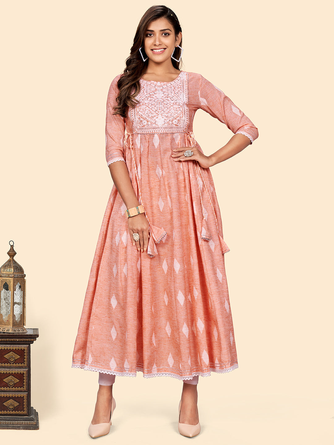 Women's Embroidered Anarkali Cotton Blend Orange Stitched Dress - Vbuyz