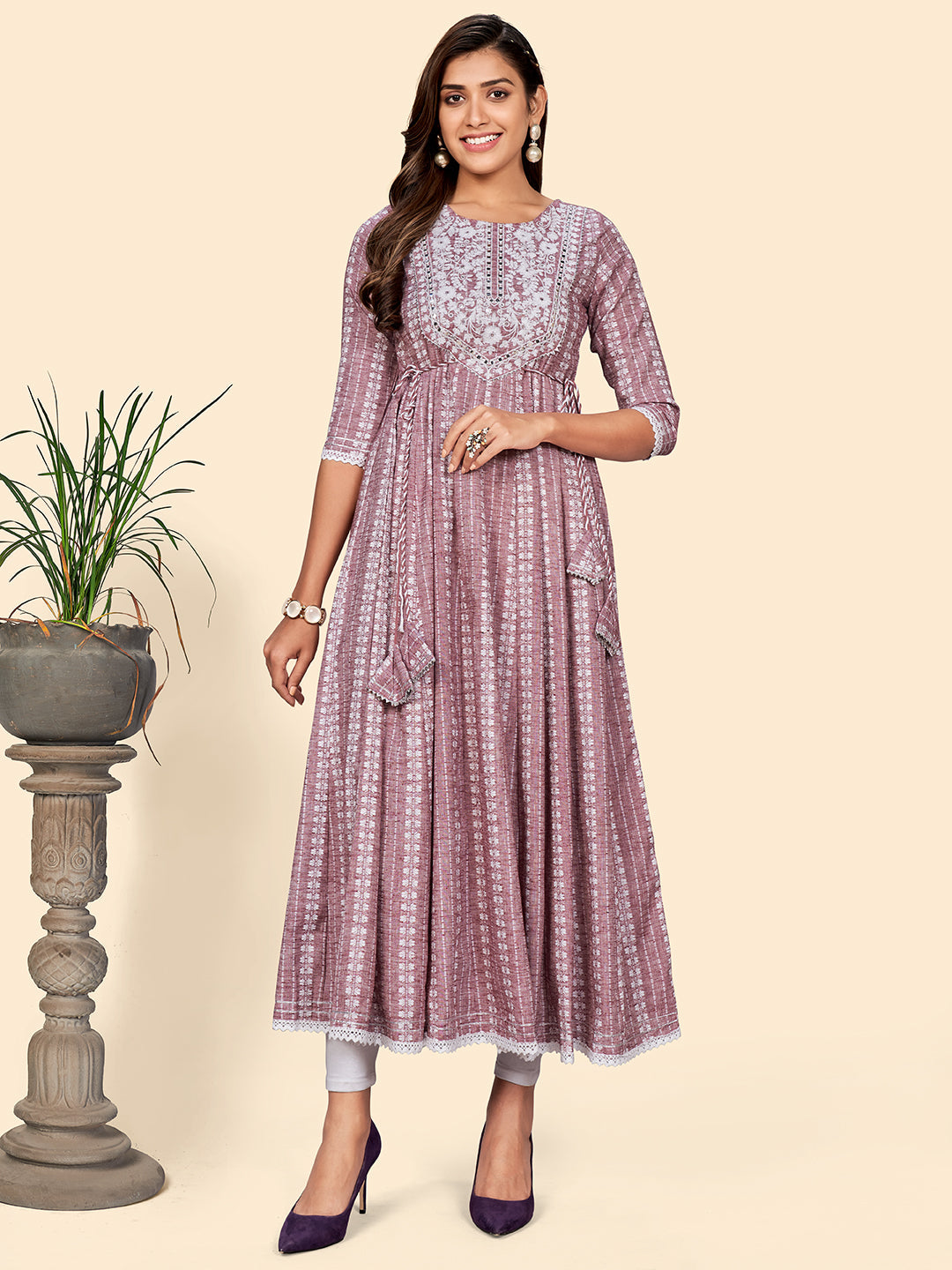 Women's Embroidered Anarkali Cotton Blend Mauve Stitched Dress - Vbuyz