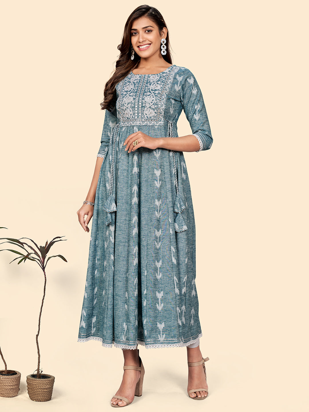 Women's Embroidered Anarkali Cotton Blend Turquoise Stitched Dress - Vbuyz