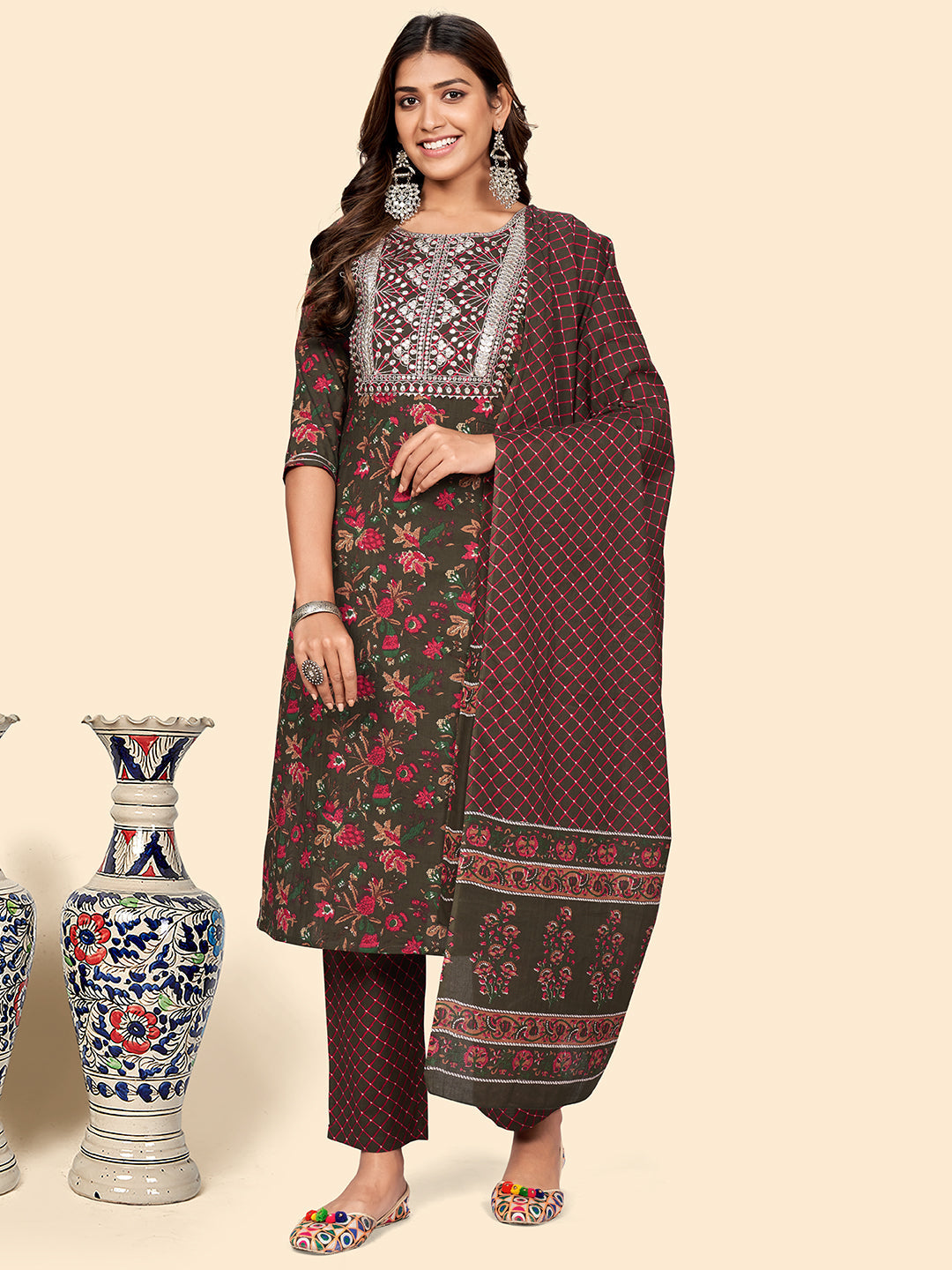 Women's Brown Cotton Kurta With Pant & Dupatta By Vbuyz (3Pcs Set)