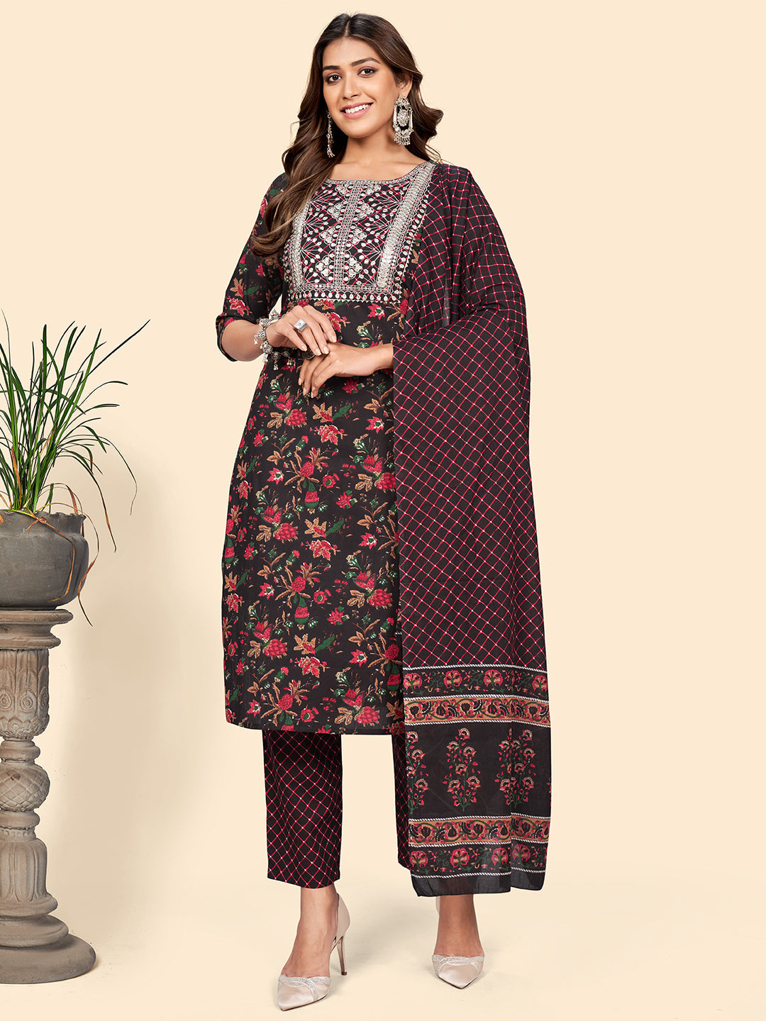 Women's Brown Cotton Kurta With Pant & Dupatta By Vbuyz (3Pcs Set)