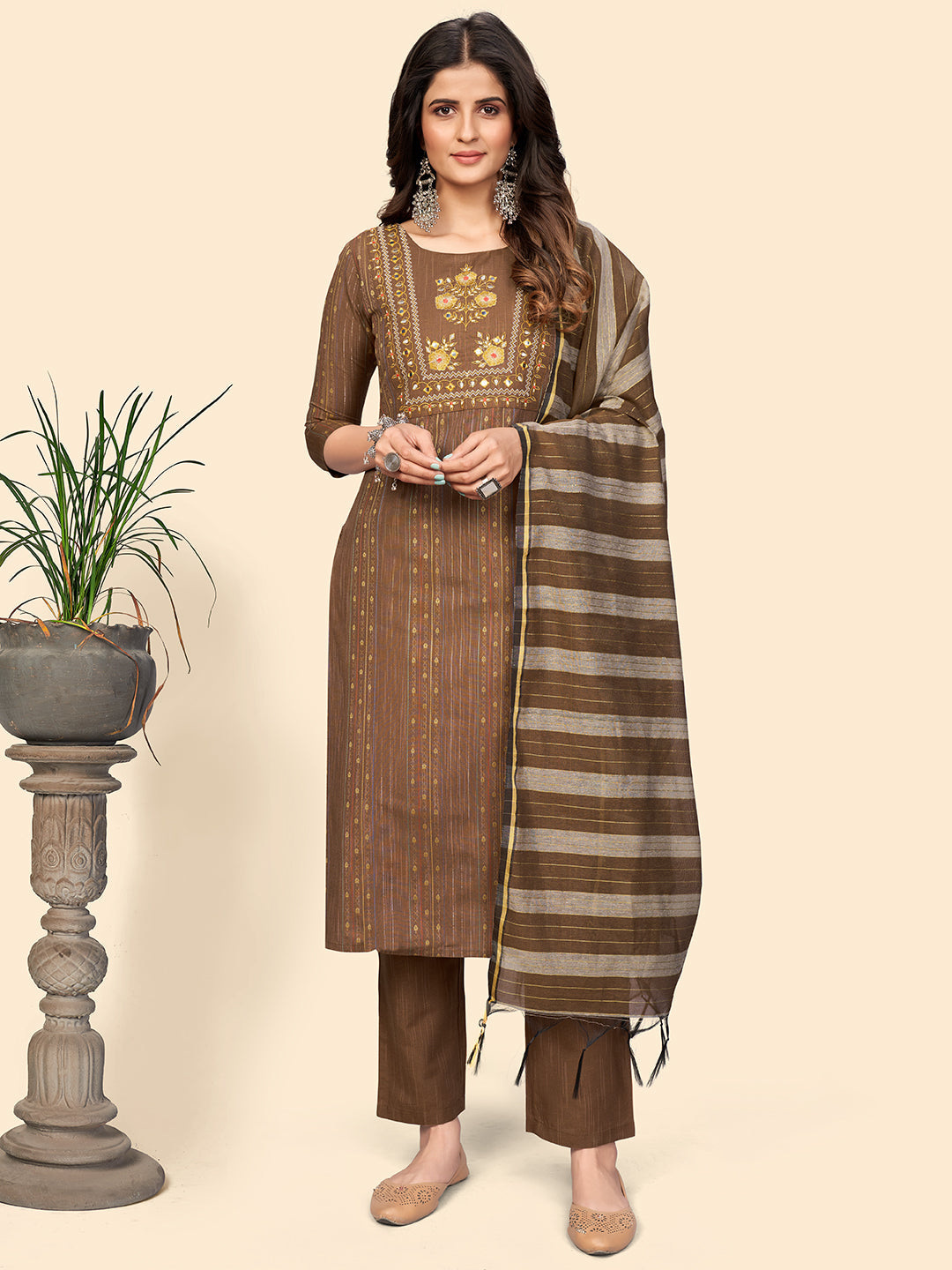 Women's Print & Embroidered Straight Cotton Brown Stitched Kurta Pant With Dupatta - Vbuyz