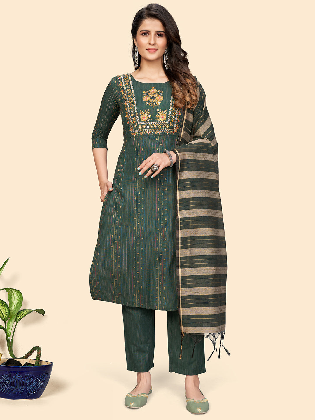 Women's Print & Embroidered Straight Cotton See Green Stitched Kurta Pant With Dupatta - Vbuyz