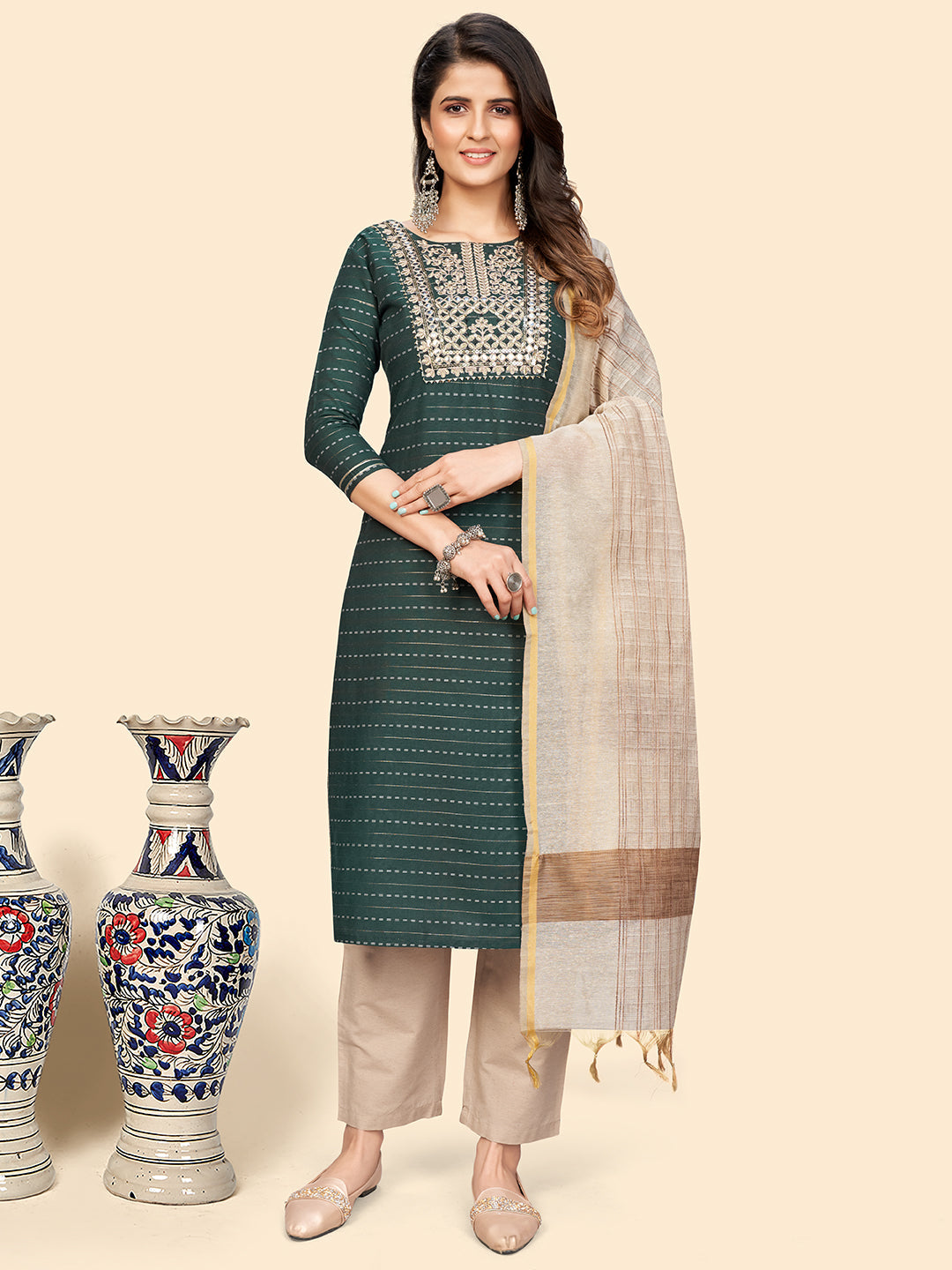 Women's Embroidered & Mirror Straight Cotton Teal Green Stitched Kurta Pant With Dupatta - Vbuyz