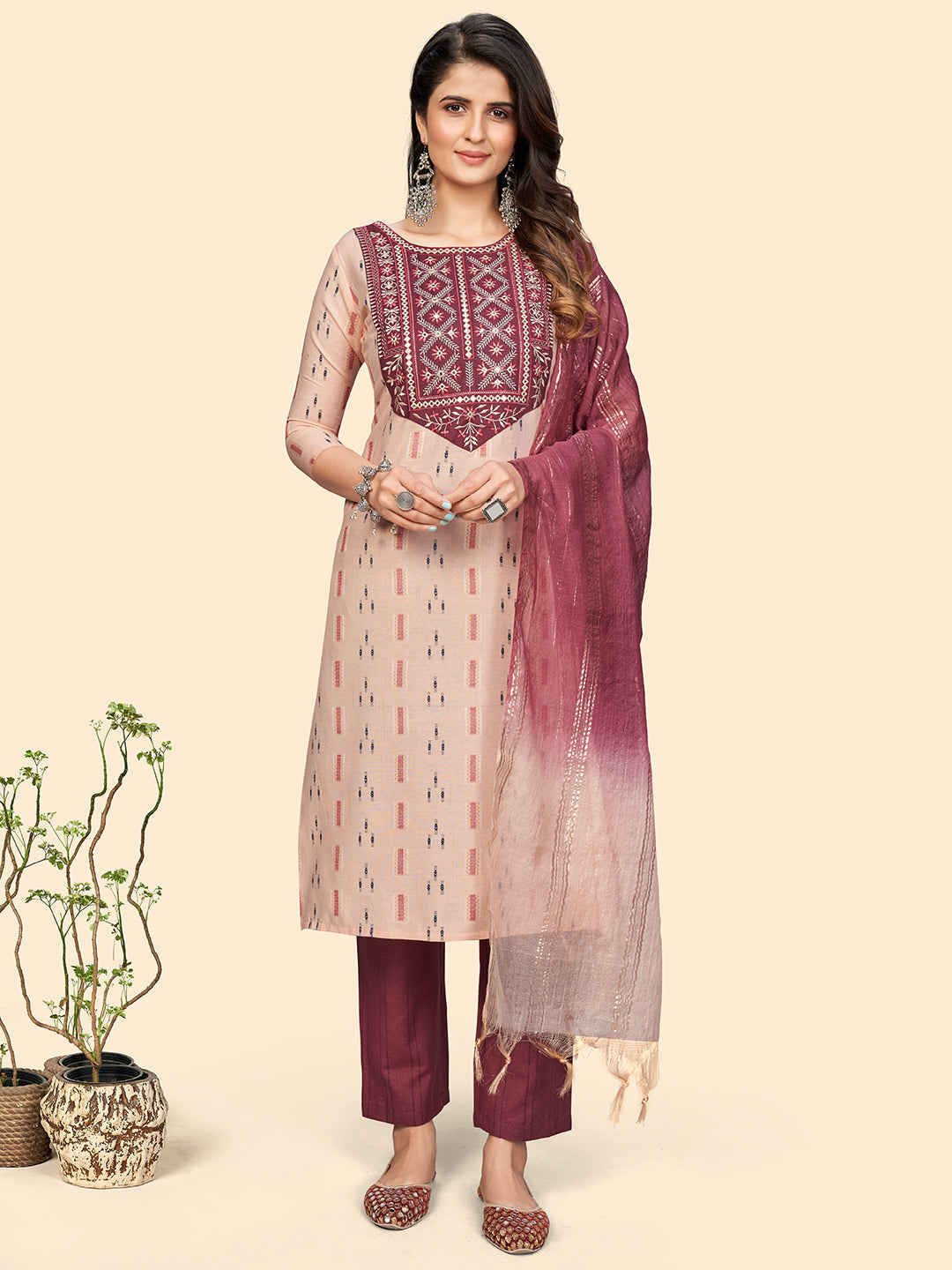 Women's Embroidered & Mirror Straight Cotton Peach Stitched Kurta Pant With Dupatta - Vbuyz