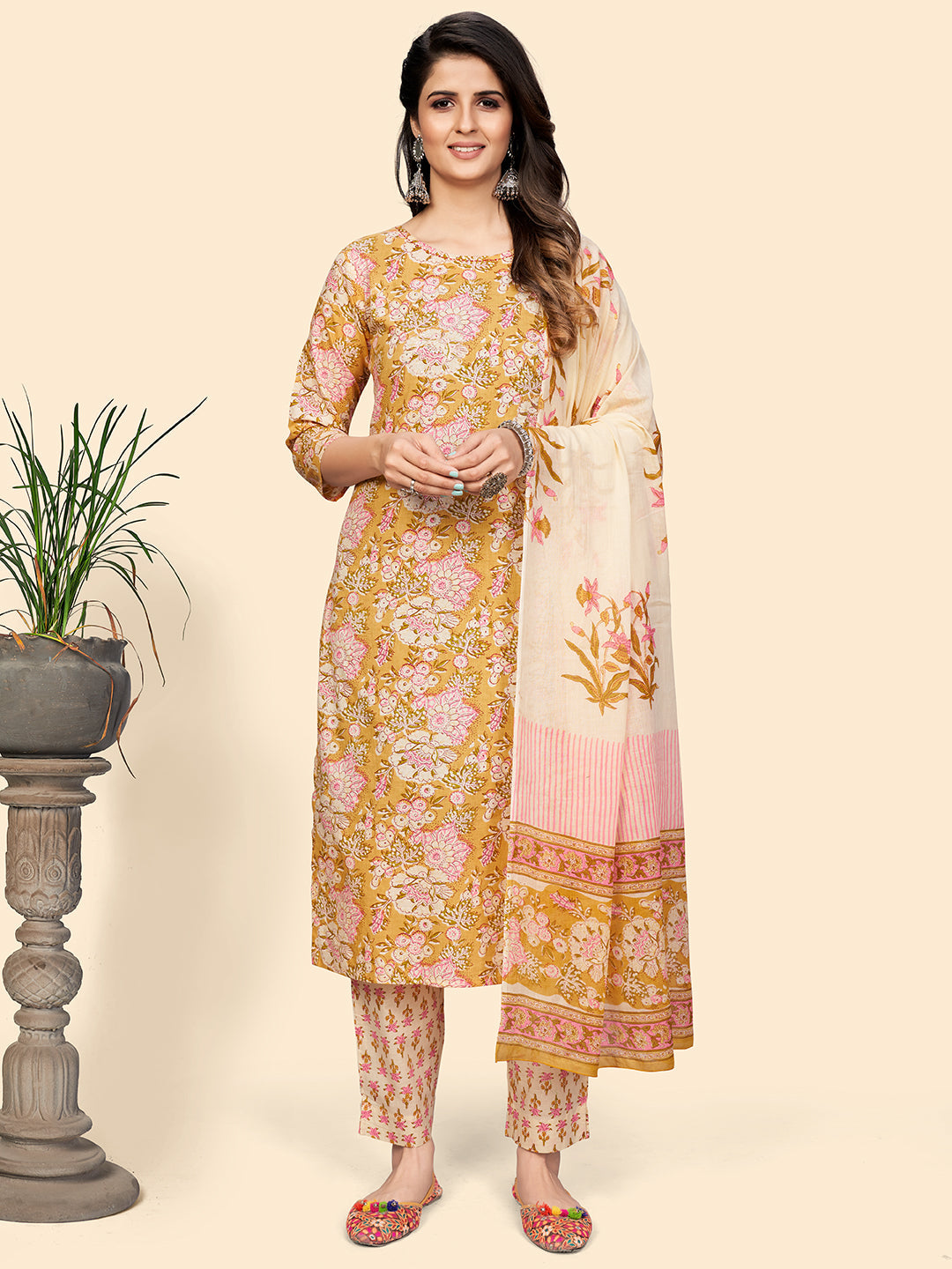 Women's Printed & Sequience Straight Cotton Yellow Stitched Kurta Pant With Dupatta - Vbuyz