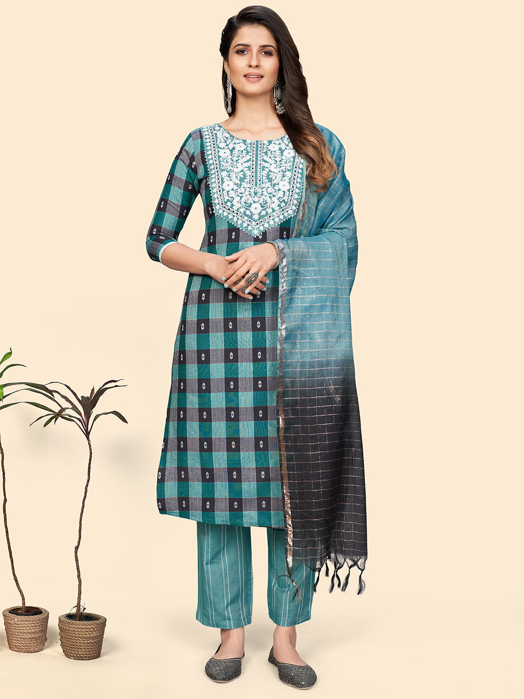 Women's Aqua Blue Cotton Kurta With Pant & Dupatta By Vbuyz (3Pcs Set)