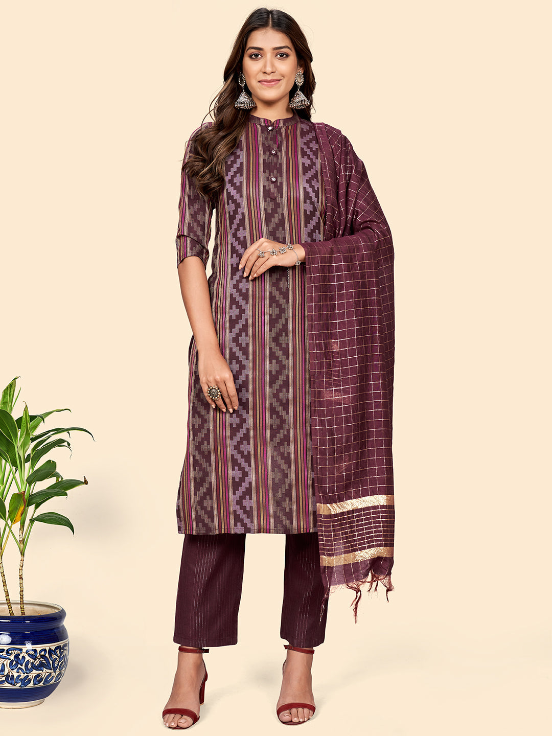 Women's Print & Striped Straight Cotton Maroon Stitched Kurta Pant With Dupatta - Vbuyz