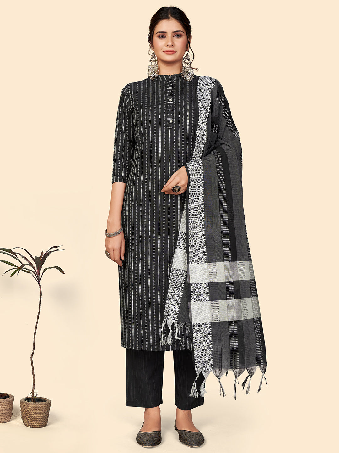 Women's Printed Straight Cotton Black Stitched Kurta Pant With Dupatta - Vbuyz