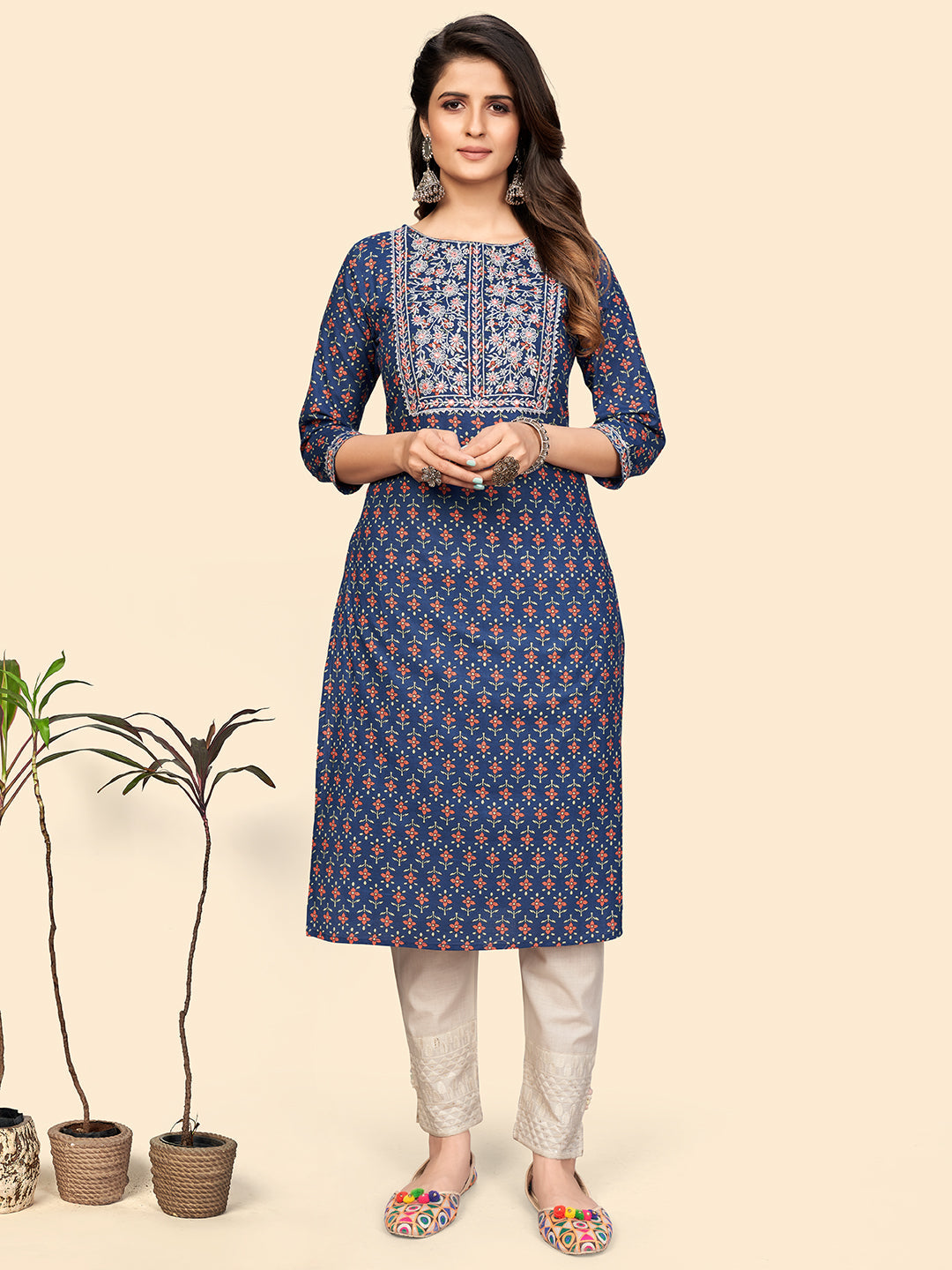 Women's Printed & Embroidered Straight Cotton Blue Stitched Kurta - Vbuyz