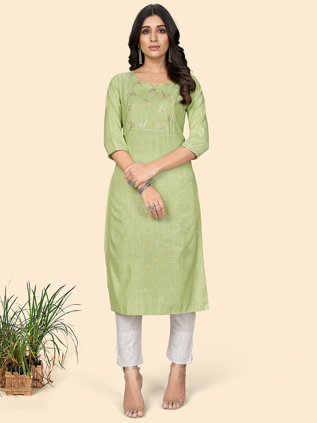 Women's Printed & Embroidered Straight Cotton Pista Stitched Kurta - Vbuyz