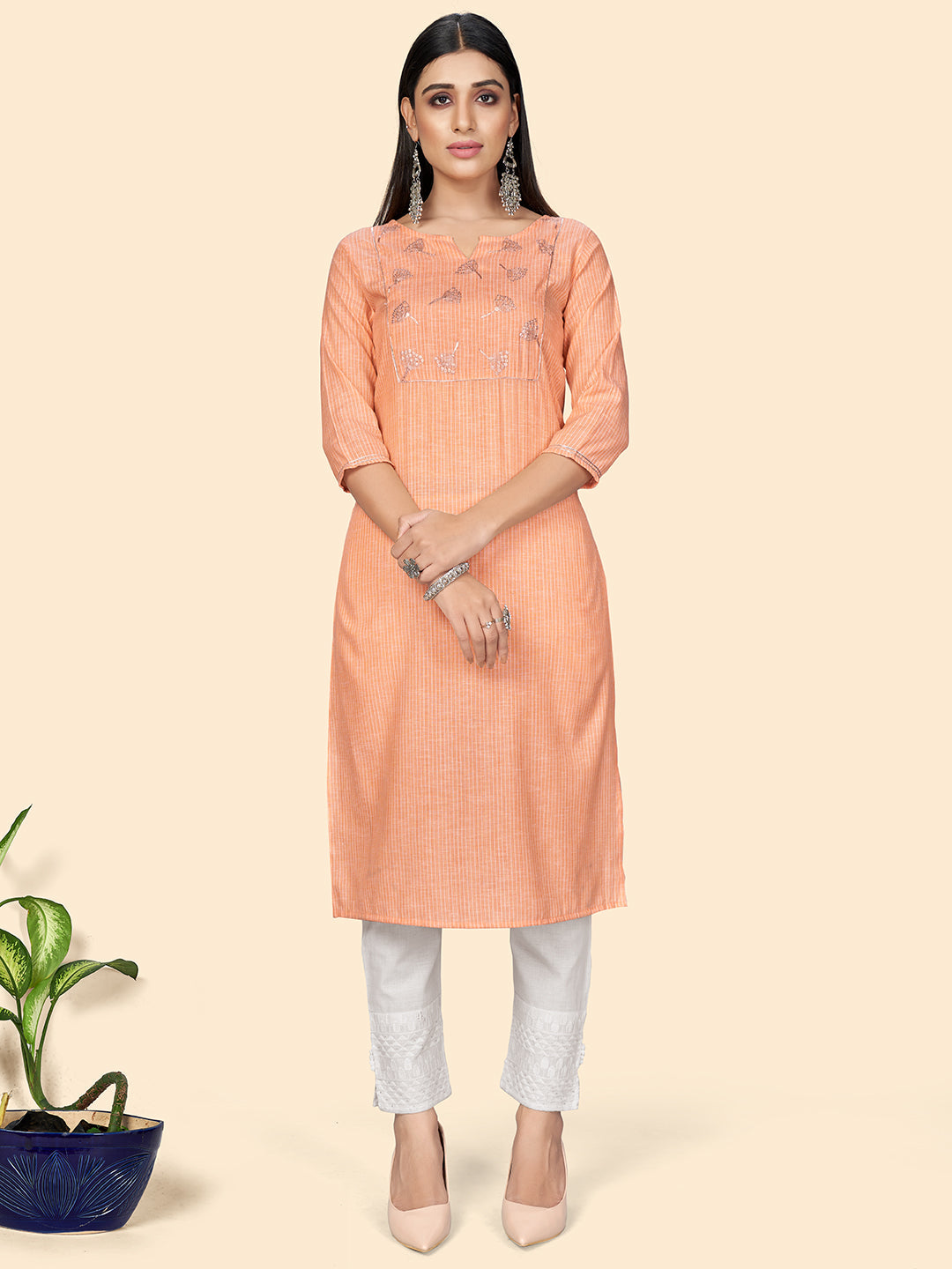 Women's Peach Cotton Kurta By Vbuyz (1Pc)