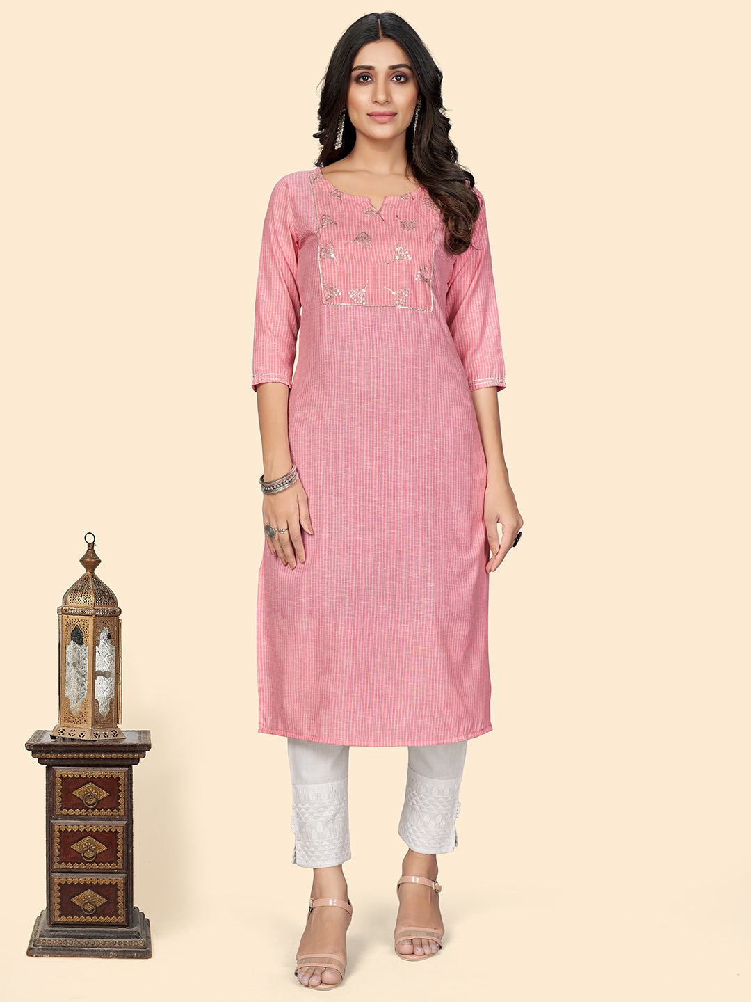 Women's Printed & Embroidered Straight Cotton Pink Stitched Kurta - Vbuyz