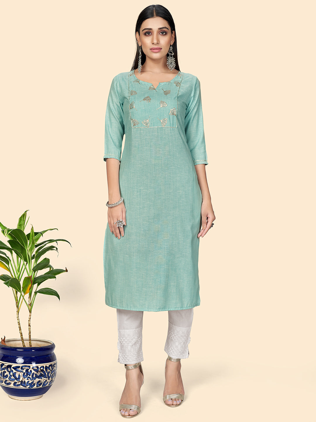 Women's Turquoise Cotton Kurta By Vbuyz (1Pc)