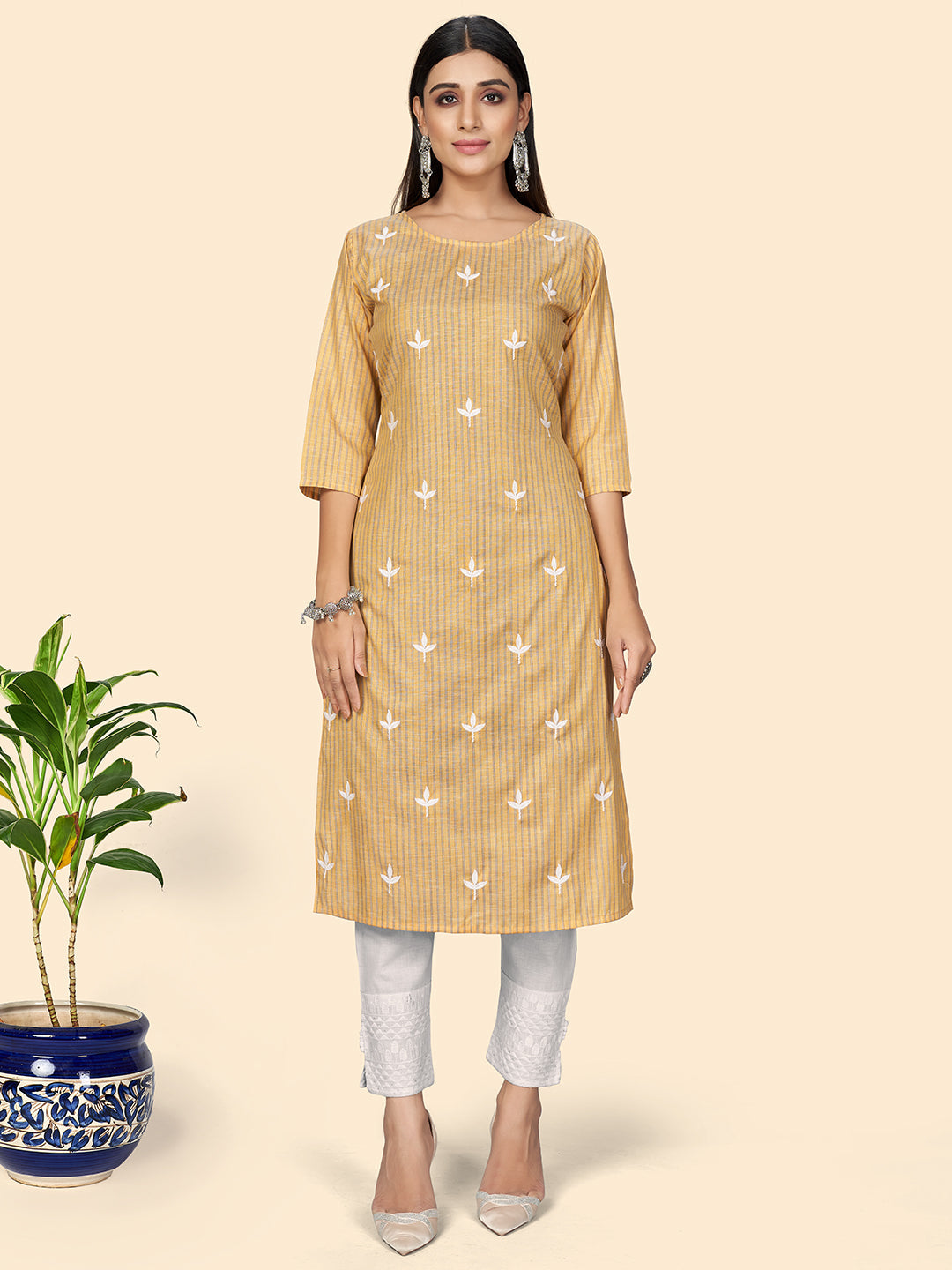 Women's Yellow Cotton Kurta By Vbuyz (1Pc)