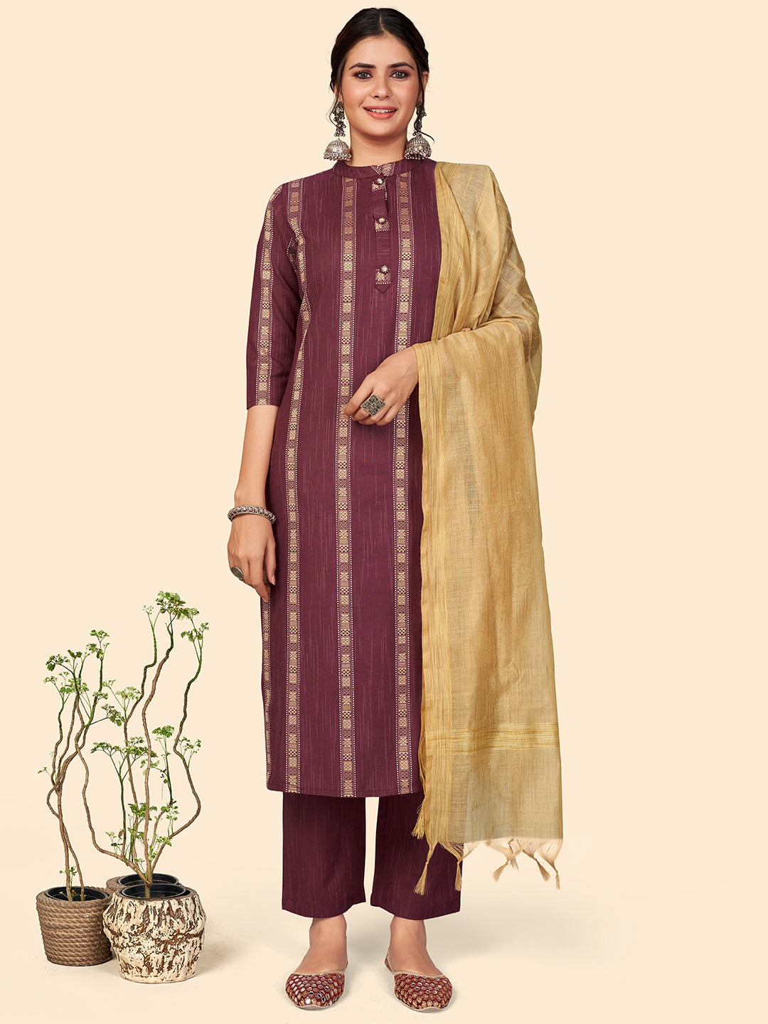 Women's Purple Cotton Kurta With Pant & Dupatta By Vbuyz (3Pcs Set)